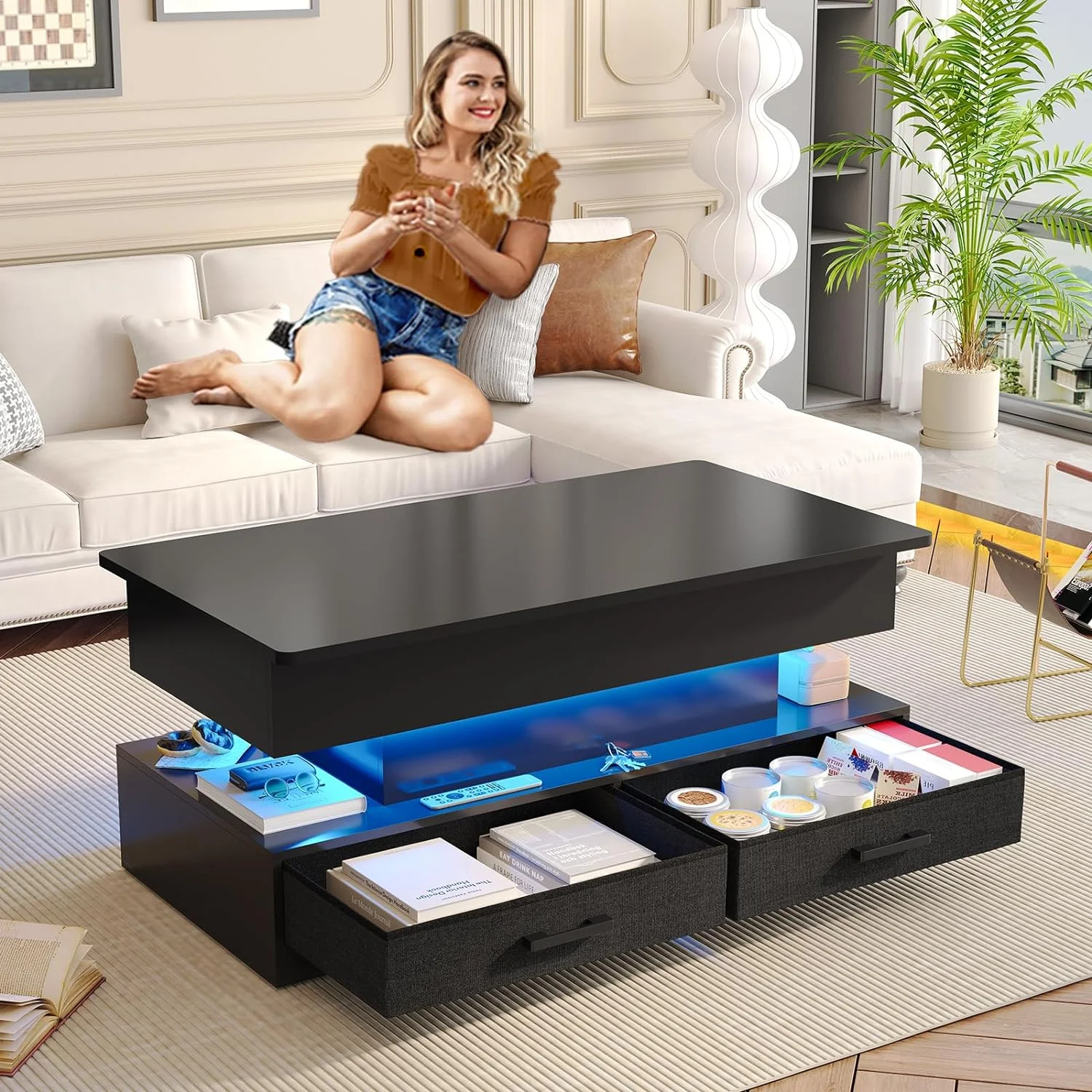 AOGLLATI Lift Top Coffee Table with Storage and LED Light for Living Room,40