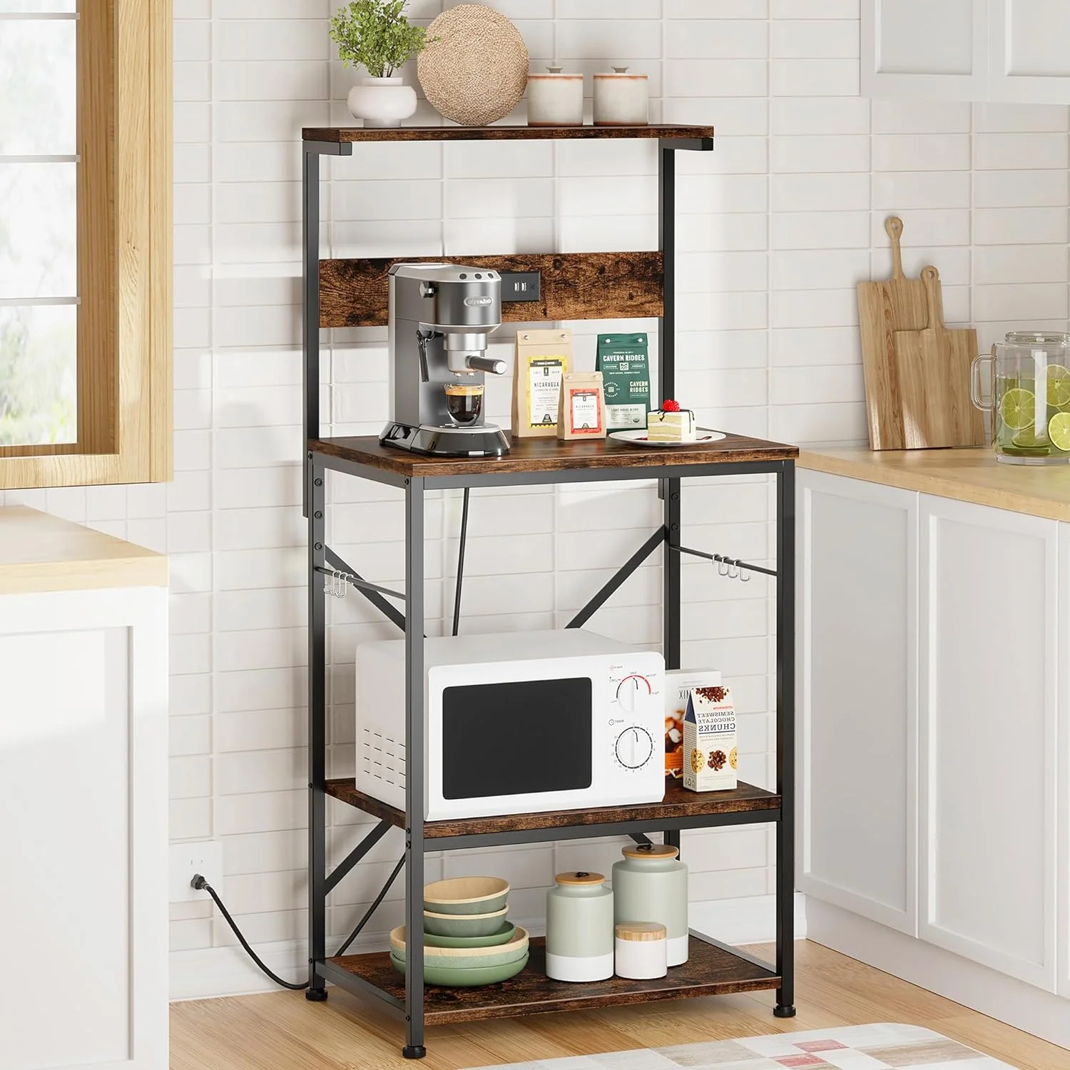 Kitchen Bakers Rack with Power Outlet, Microwave Stand with 6 S-Shaped Hooks, 4-Tier Coffee Bar Microwave Rack (23.62'', Rustic Brown)