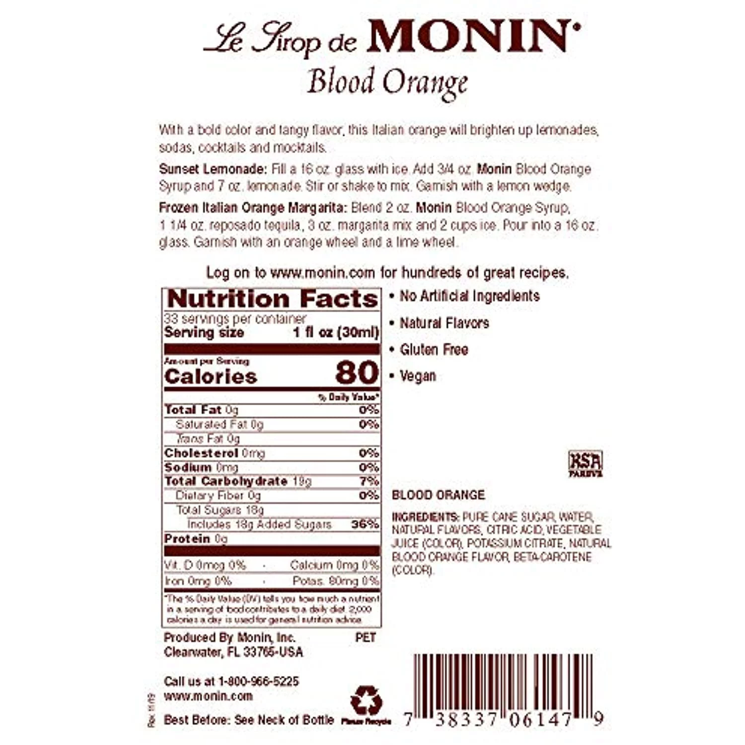 Monin - Blood Orange Syrup, Berry Citrus Flavor, Natural Flavors, Great For Cocktails, Mocktails, And Lemonades, Non-Gmo, Gluten-Free (1 Liter)
