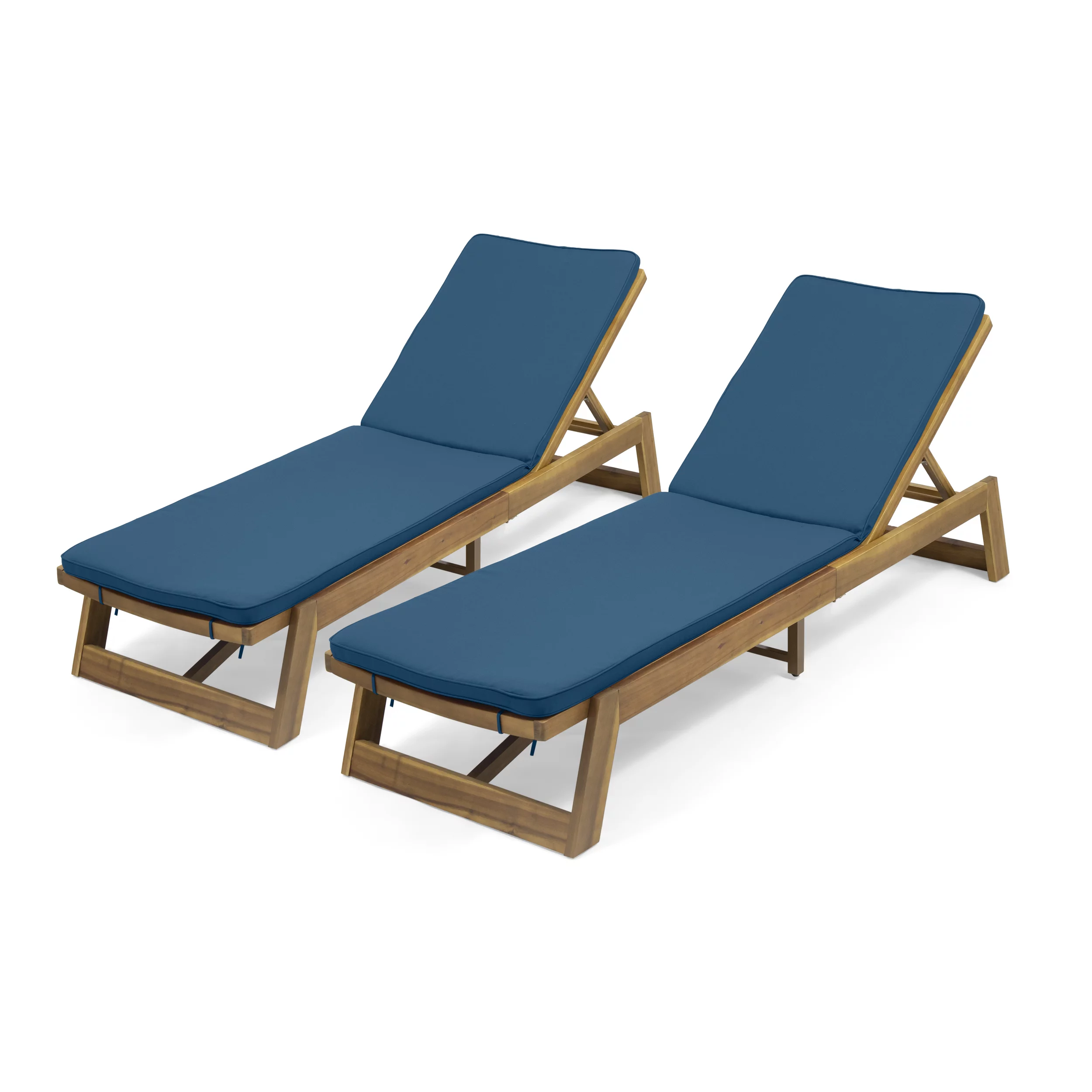 GDF Studio Lillian Outdoor Acacia Wood Armless Adjustable Chaise Lounges with Cushion, Set of 2, Teak and Blue