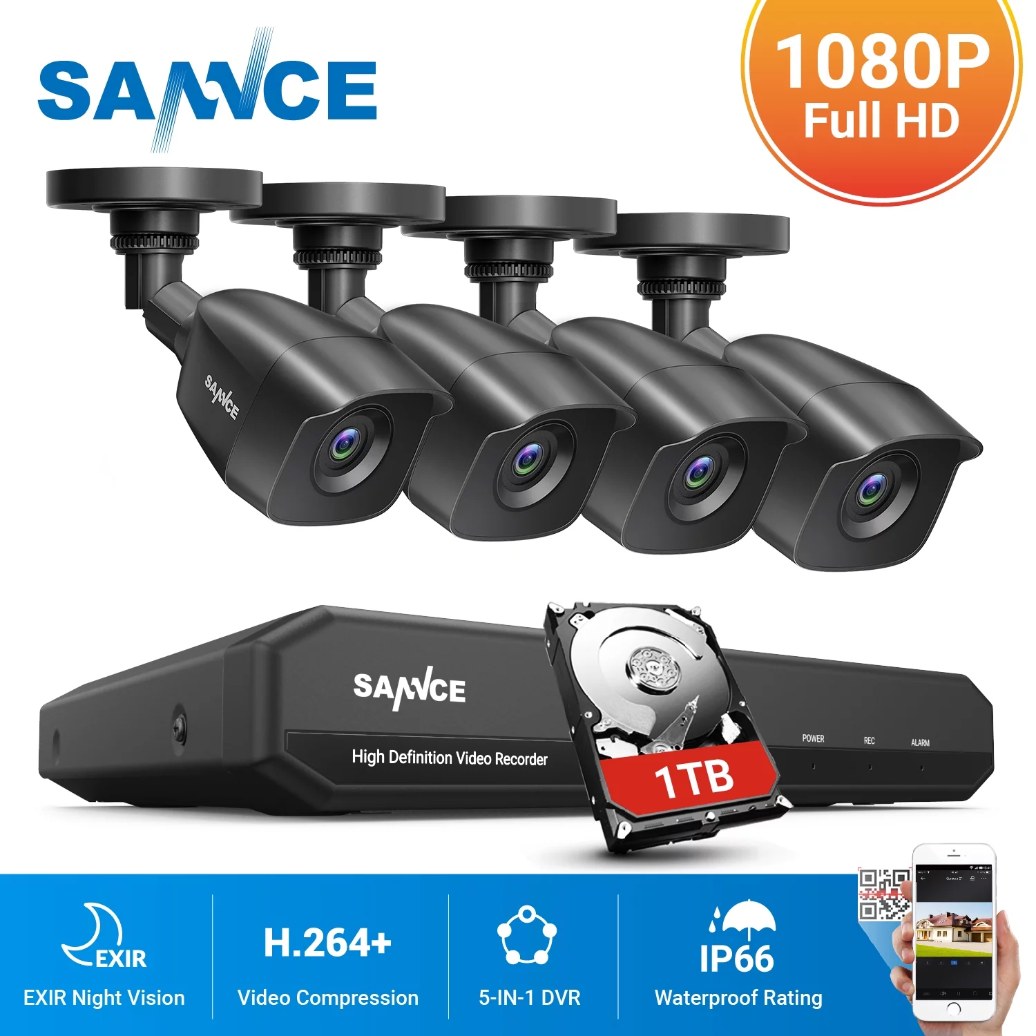 SANNCE 4CH 1080P 5in1 DVR Home Video Surceillance 4Pcs 2.0MP Night Vision Security Camera System 1TB HDD,Wired CCTV