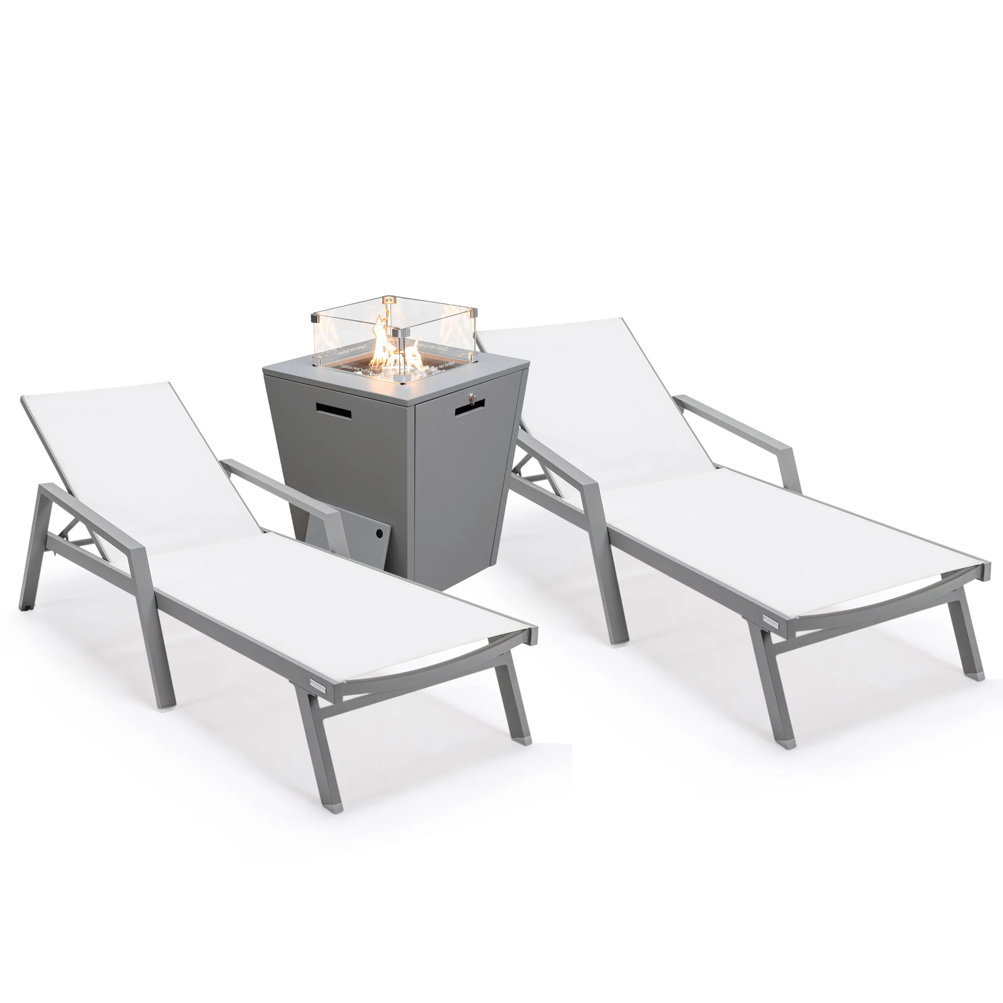 LeisureMod Marlin Modern Grey Aluminum Outdoor Patio Chaise Lounge Chair With Arms Set of 2 with Square Fire Pit Side Table Perfect for Patio, Lawn, and Garden (White)
