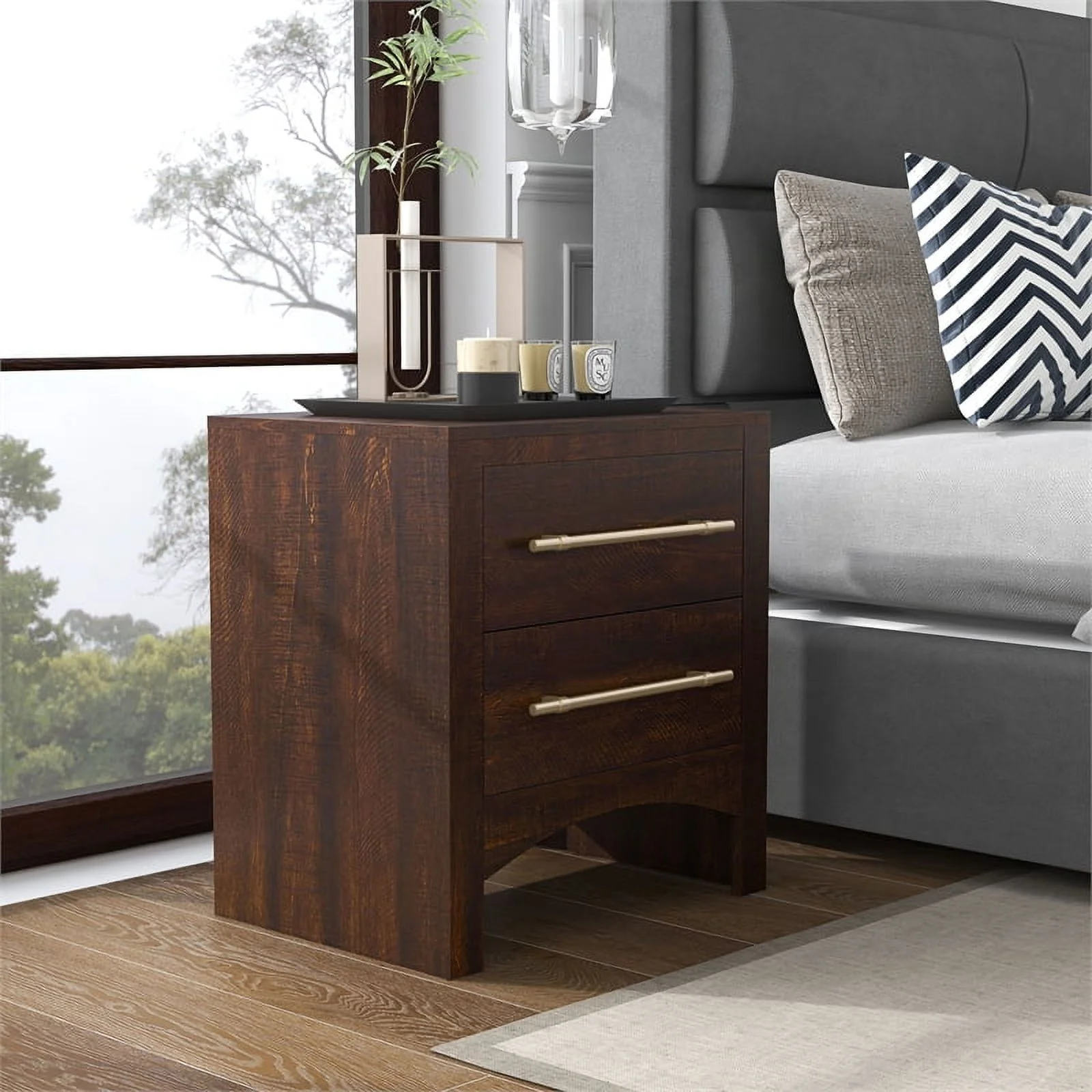 Home Square 3-Piece Set with 2 Nightstands and 5-Drawer Chest in Walnut