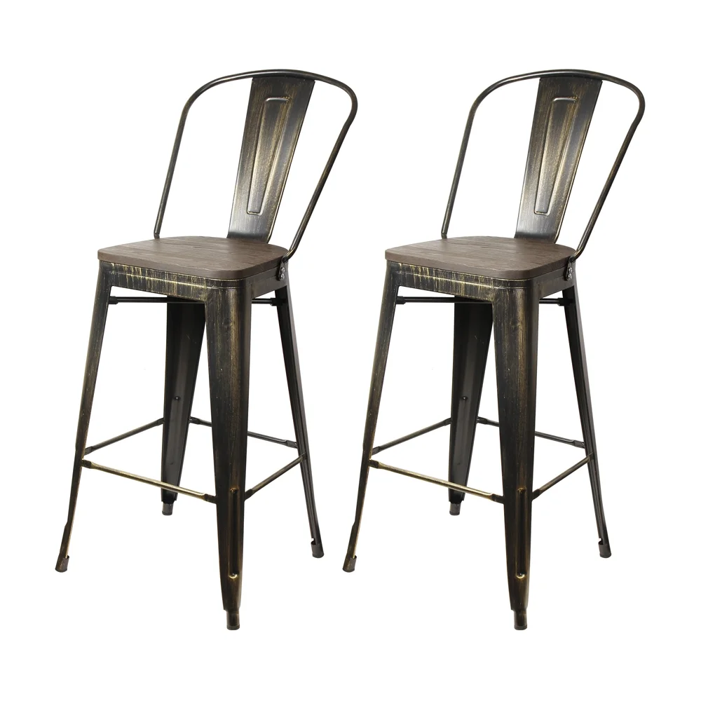 GIA Design Group 30 Inch Antique Black High Back Bar Stools Set of 2- 14.5x14.5 Inch Dark Wood Seat
