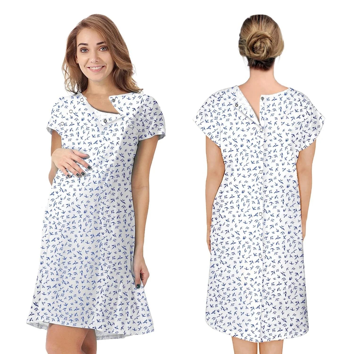 Hospital Gowns for Women, Pack of 3 Medium White Patient Gowns with Bird Print, Short Sleeves, Front and Back Snaps, Soft Cotton Patient Gown, Convenient Labor and Delivery Gowns