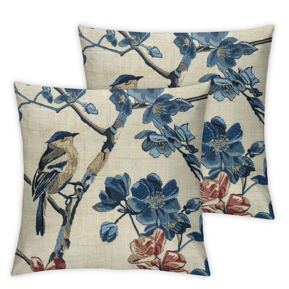 Nawypu Chinoiserie Pillow Cover Blue Cherry Blossom and Birds Decorative Throw Pillow Case Cushion Cover for Bedroom Sofa Living Room Couch Chair Office,2 Pcs
