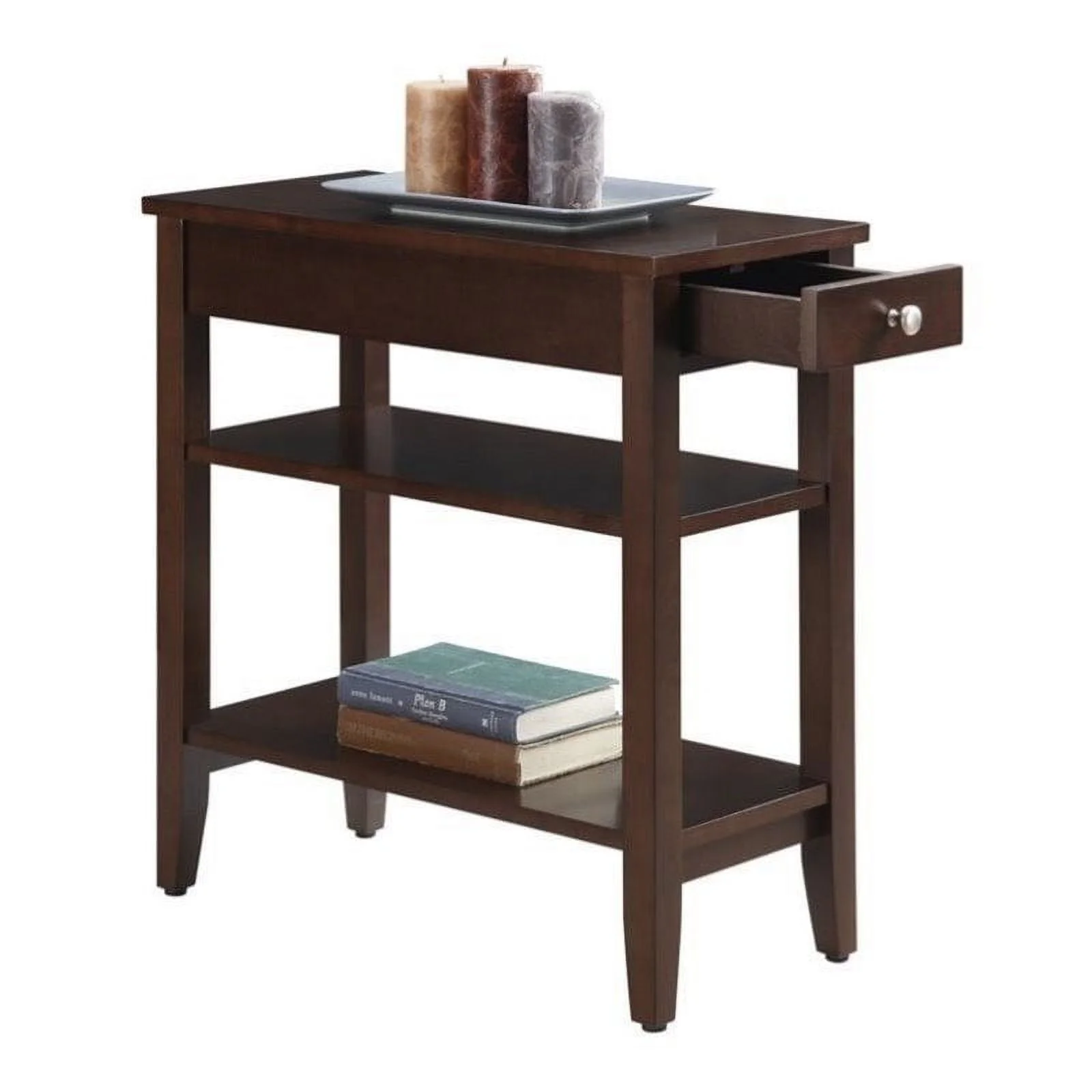 Pemberly Row 3-Tier and 1-Drawer Transitional Wood End Table in Espresso