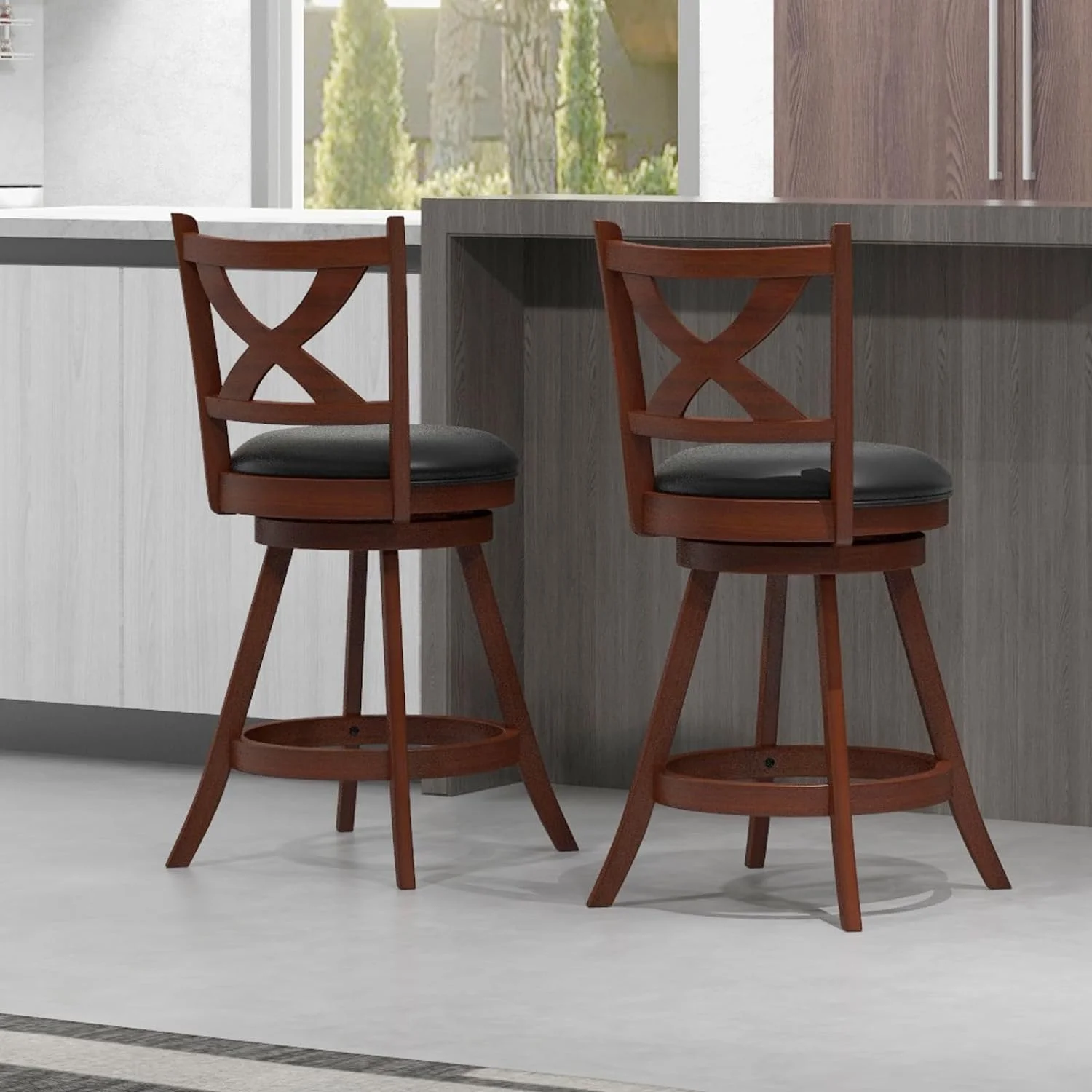 24” Bar Stools Set of 2, 360° Swivel Counter Height Stools with Back, Solid Rubber Wood Frame, Leather Padded Seat, Vintage Upholstered Armless Farmhouse Barstools for Kitchen Island Home Bar