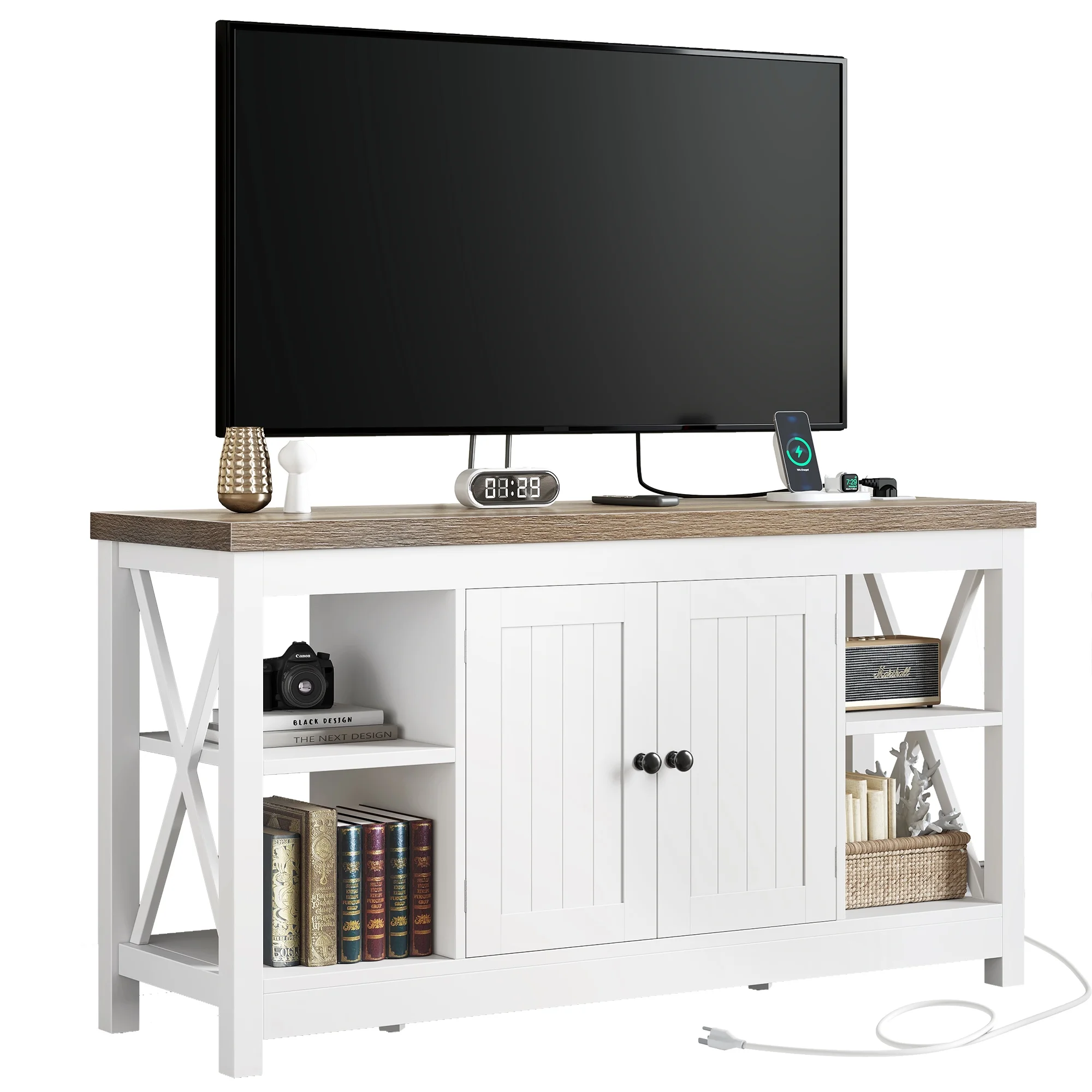 Dextrus Farmhouse TV Stand with Built in Power Outlet for TVs up to 55