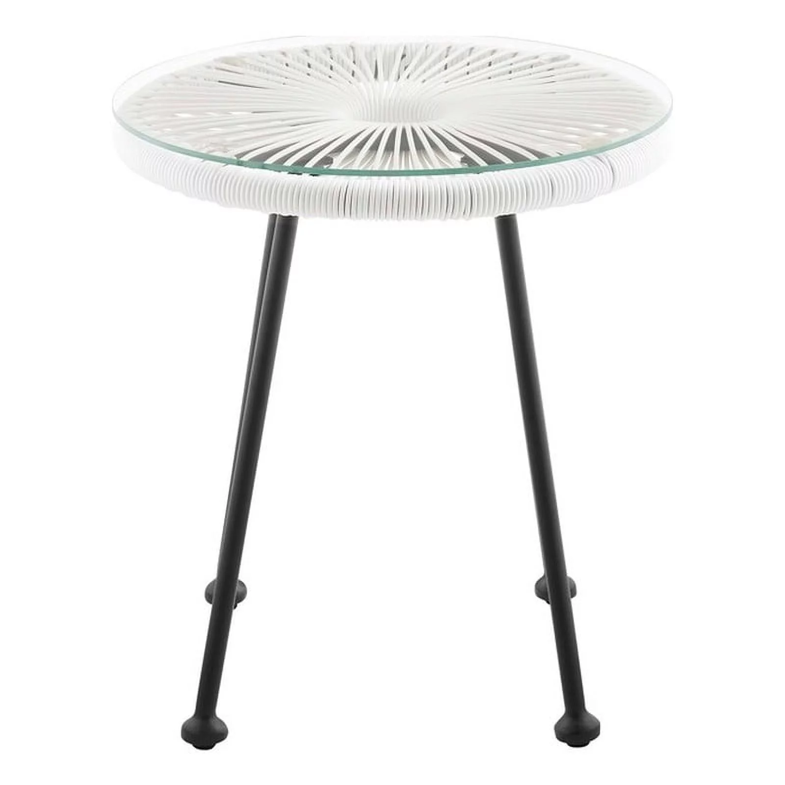 Linon Tallie Outdoor Round Side Table White Wicker Top and Steel Legs in Black
