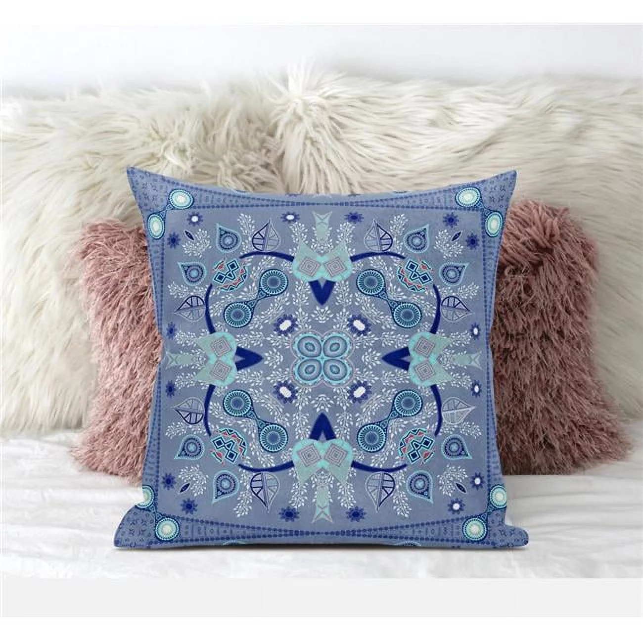 Amrita Sen Designs  18 x 18 in. Paisley Leaf Geo Suede Blown & Closed Pillow - Dark Muted Blue, Navy & Light Blue
