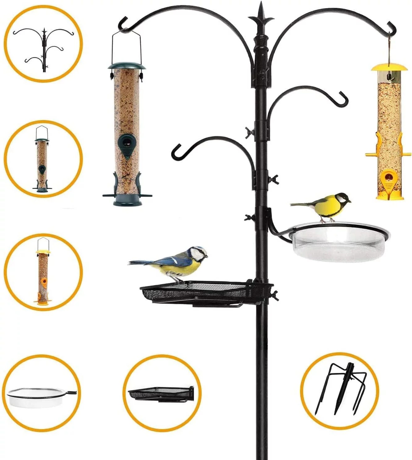 Bird Feeding Station with 2 Bird Feeders Included for Outside - Multi Feeder Pole Stand Kit with 4 Hangers, Bird Bath and 5 Prong Base for Attracting Wild Birds - 22 Inch Wide x 91 Inch Tall