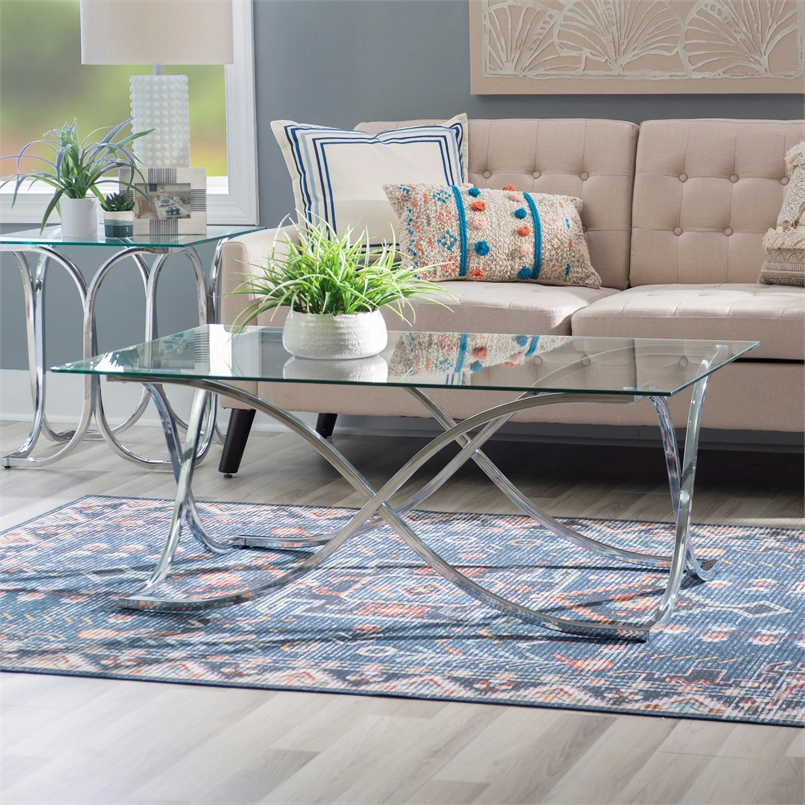 Linon Finley Glass Coffee and 2 End Table Set with Twisted Legs in Shiny Chrome