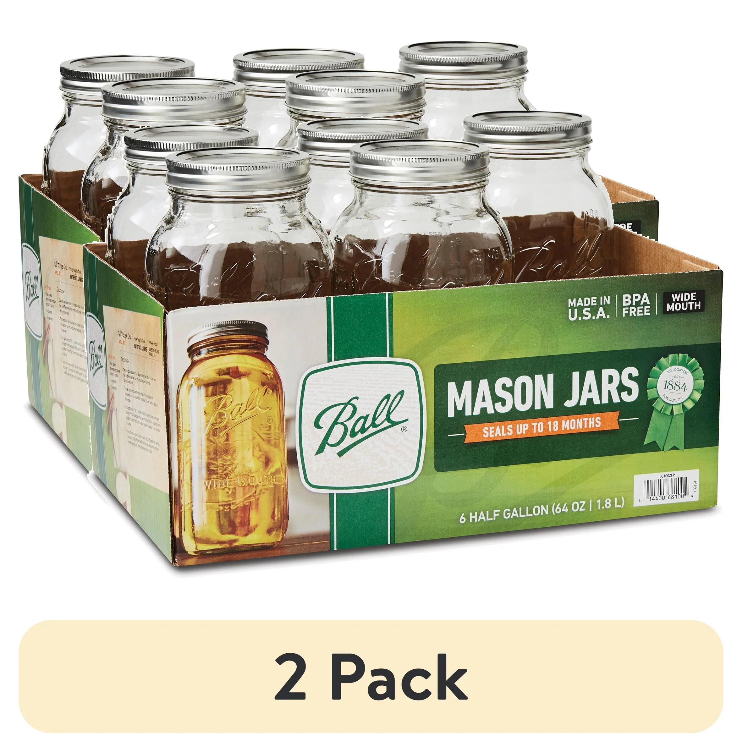 (2 pack) Ball Wide Mouth 64oz Half Gallon Mason Jars with Lids & Bands, 6 Count