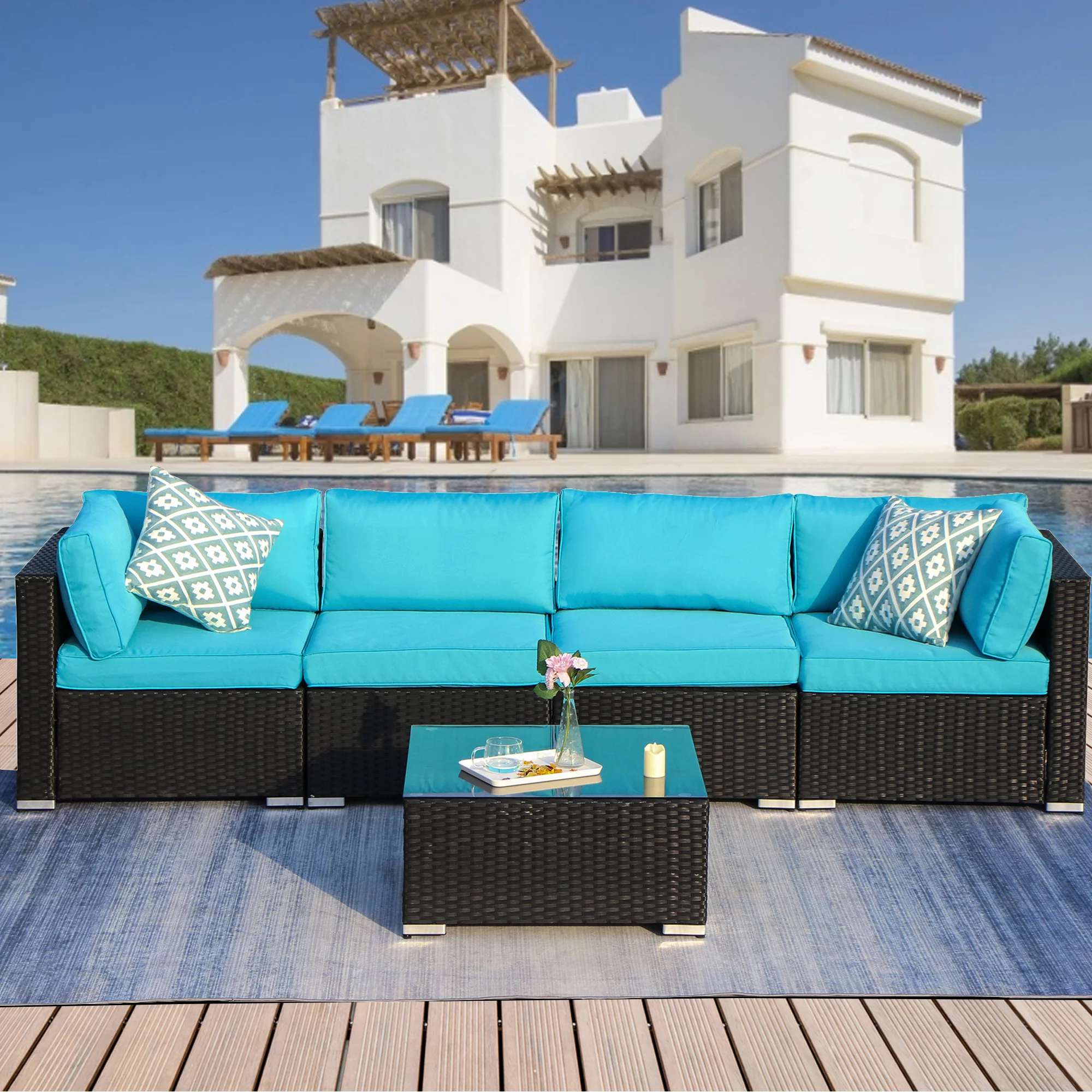 Superjoe 5 Pcs Patio Furniture Sets All-Weather Wicker Rattan Outdoor Conversation Sofa with Tea Table & Washable Couch Cushions,Blue