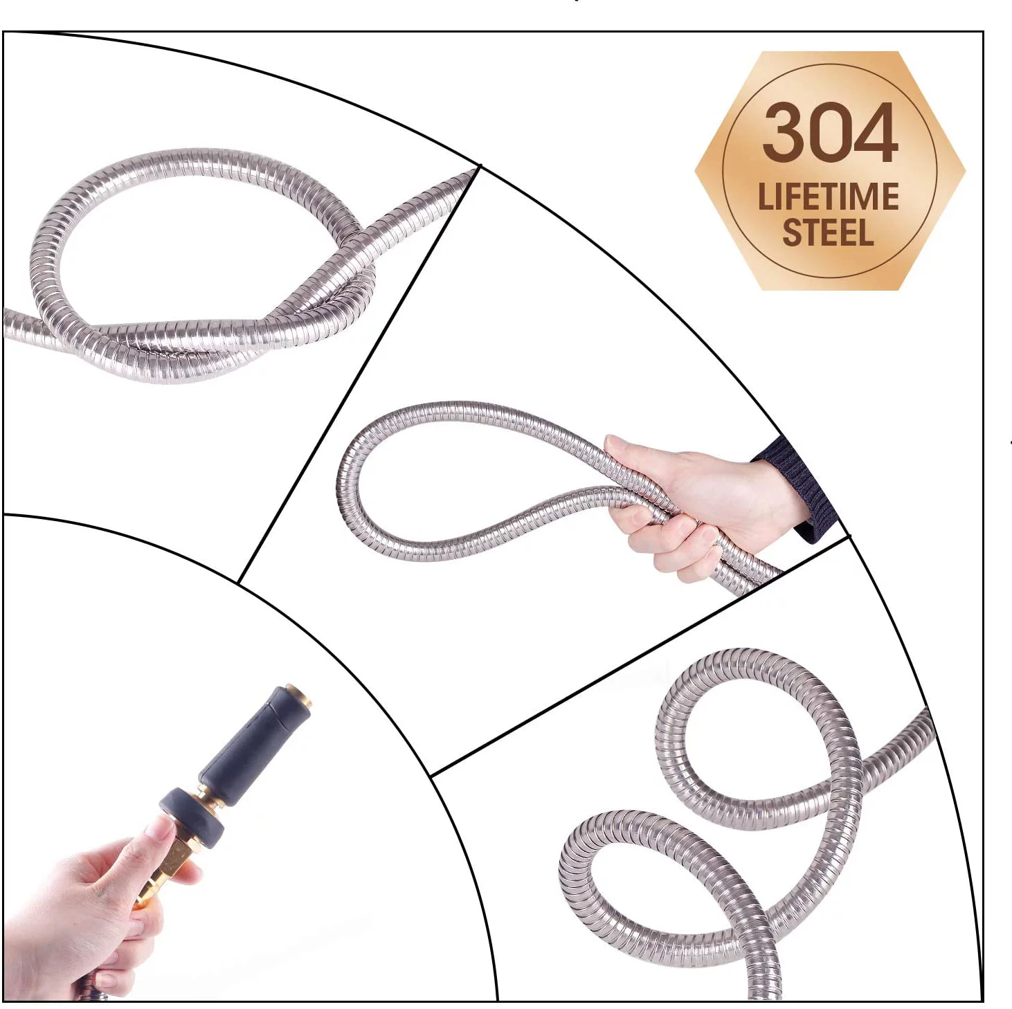 50' 304 Stainless Steel Garden Hose, Lightweight Metal Hose with Free Nozzle, Guaranteed Flexible and Kink Free