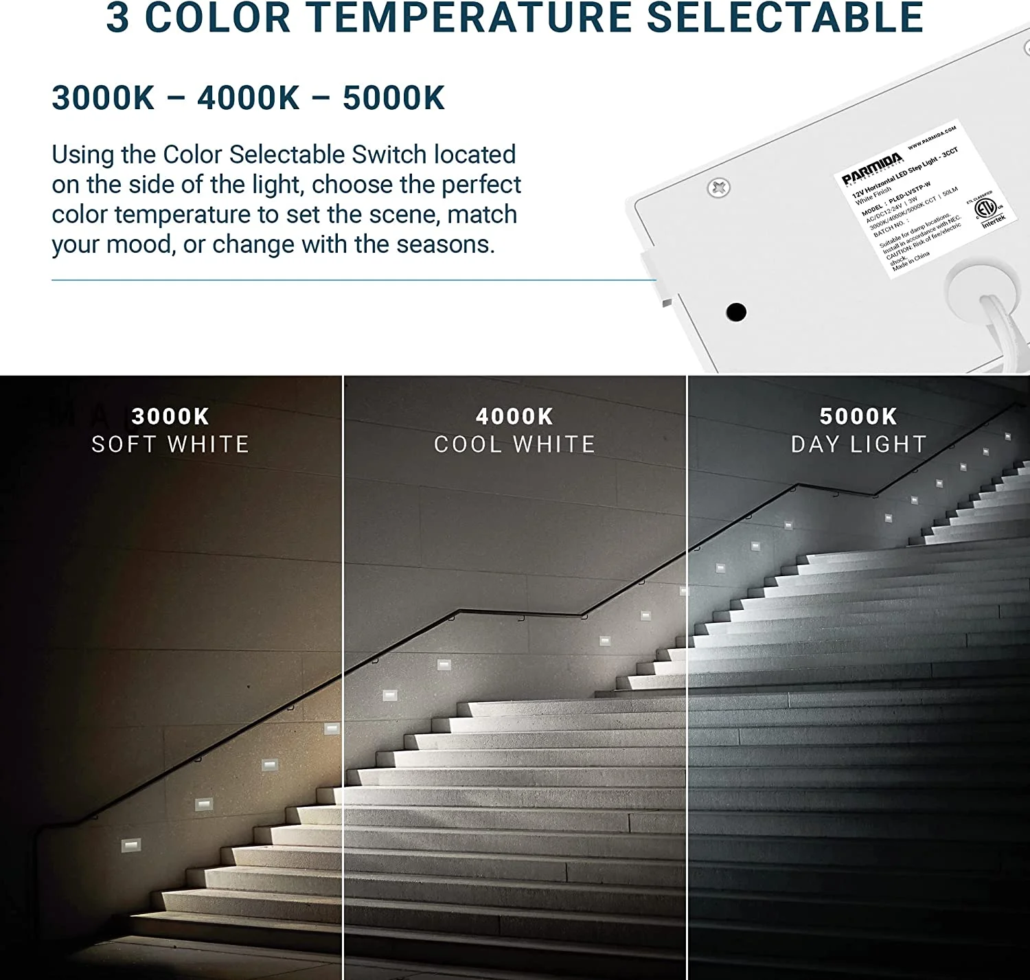 PARMIDA (12 Pack) 12V Dimmable LED Step Lights Indoor & Outdoor, 3 Color Selectable 3000K/4000K/5000K, Low Voltage Aluminum Stair Deck Lighting, 3W, IP65, ETL-Listed - White Finish