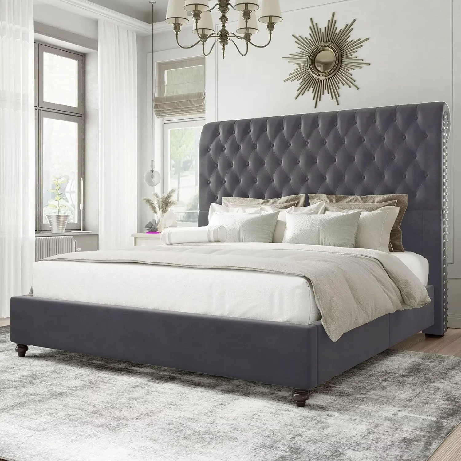 Jocisland Queen Bed Frame Sleigh Headboard Velvet Tufted Gray
