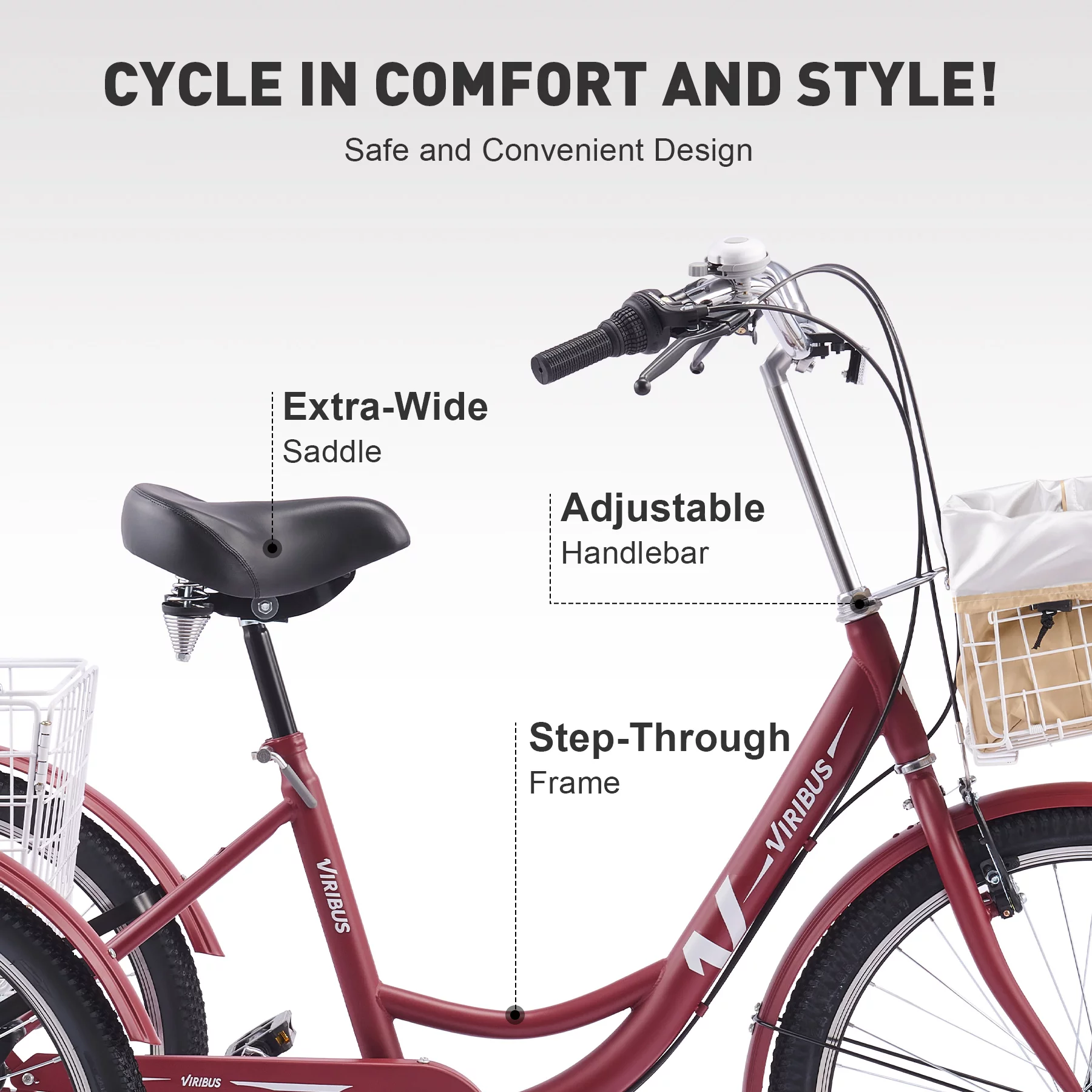 VIRIBUS 26 Inch Adult Trike 7 Speed Bike w Adjustable Seat 2 Baskets Matte Red