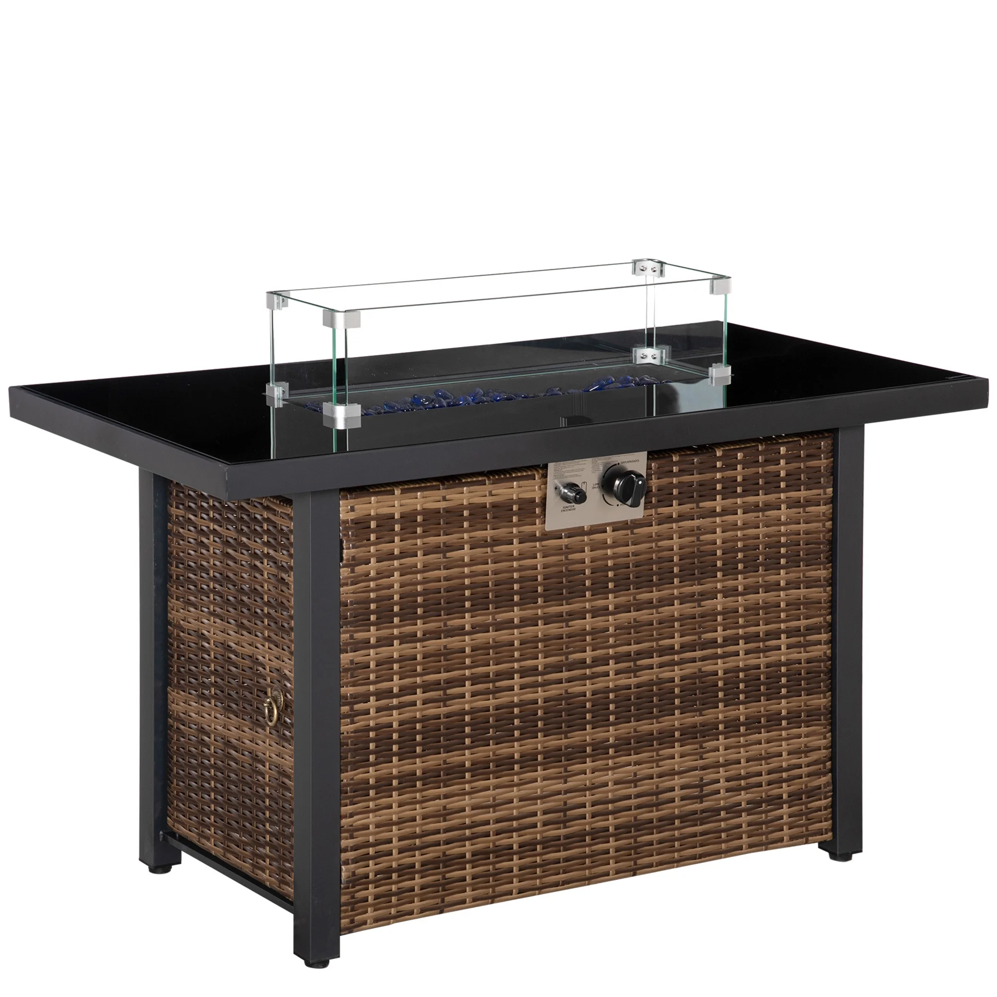 43in Outdoor Propane Gas Fire Pit Table,Detachable,The Weight Capacity Is 110 Pounds 50,000 BTU Auto-Ignition Wicker Gas Firepit with Glass Wind Guard, Blue Glass Rock, CSA Certification, Brown