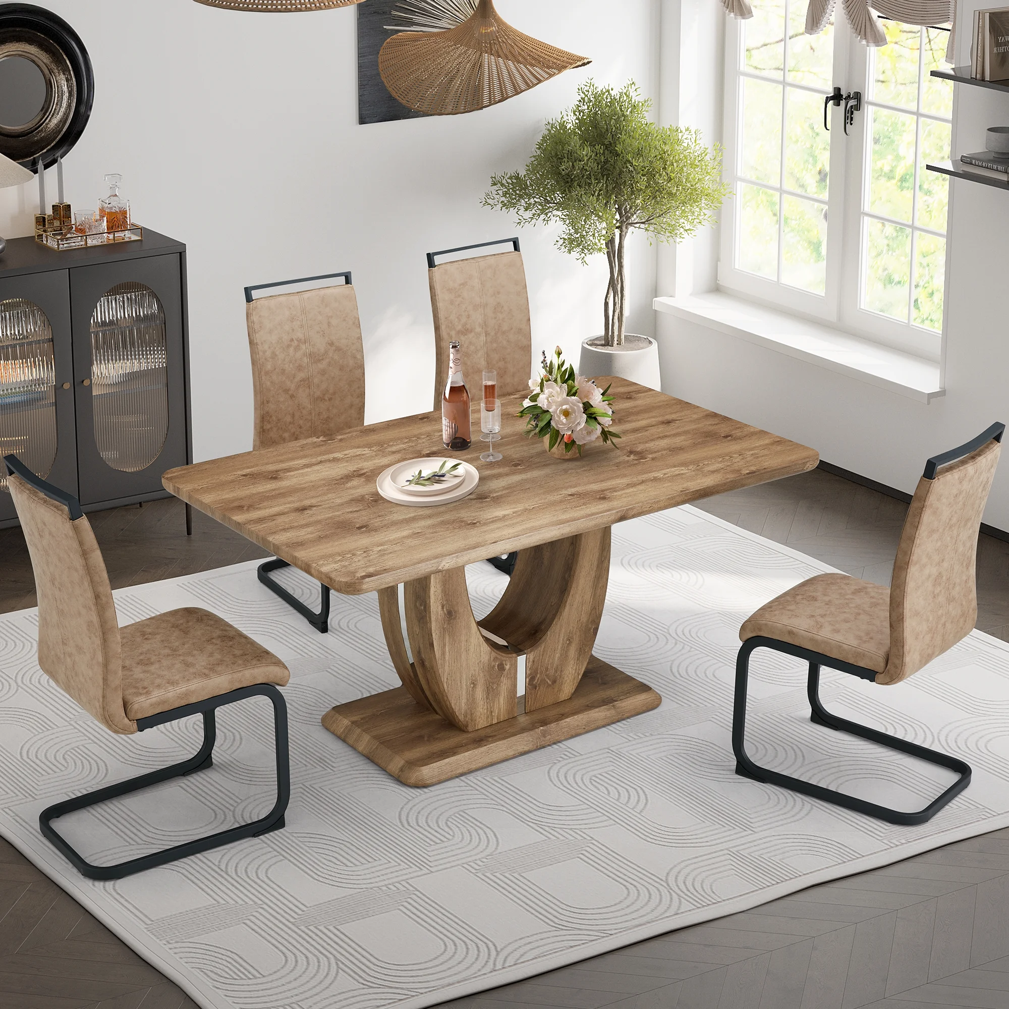 Churanty 5 Pieces Modern Dining Table Set for 4, Kitchen Rectangular Kitchen Table Set with Wooden Tabletop ＆ 4 PU Leather Upholstered Chairs for Dining Room,Natural Wood Wash