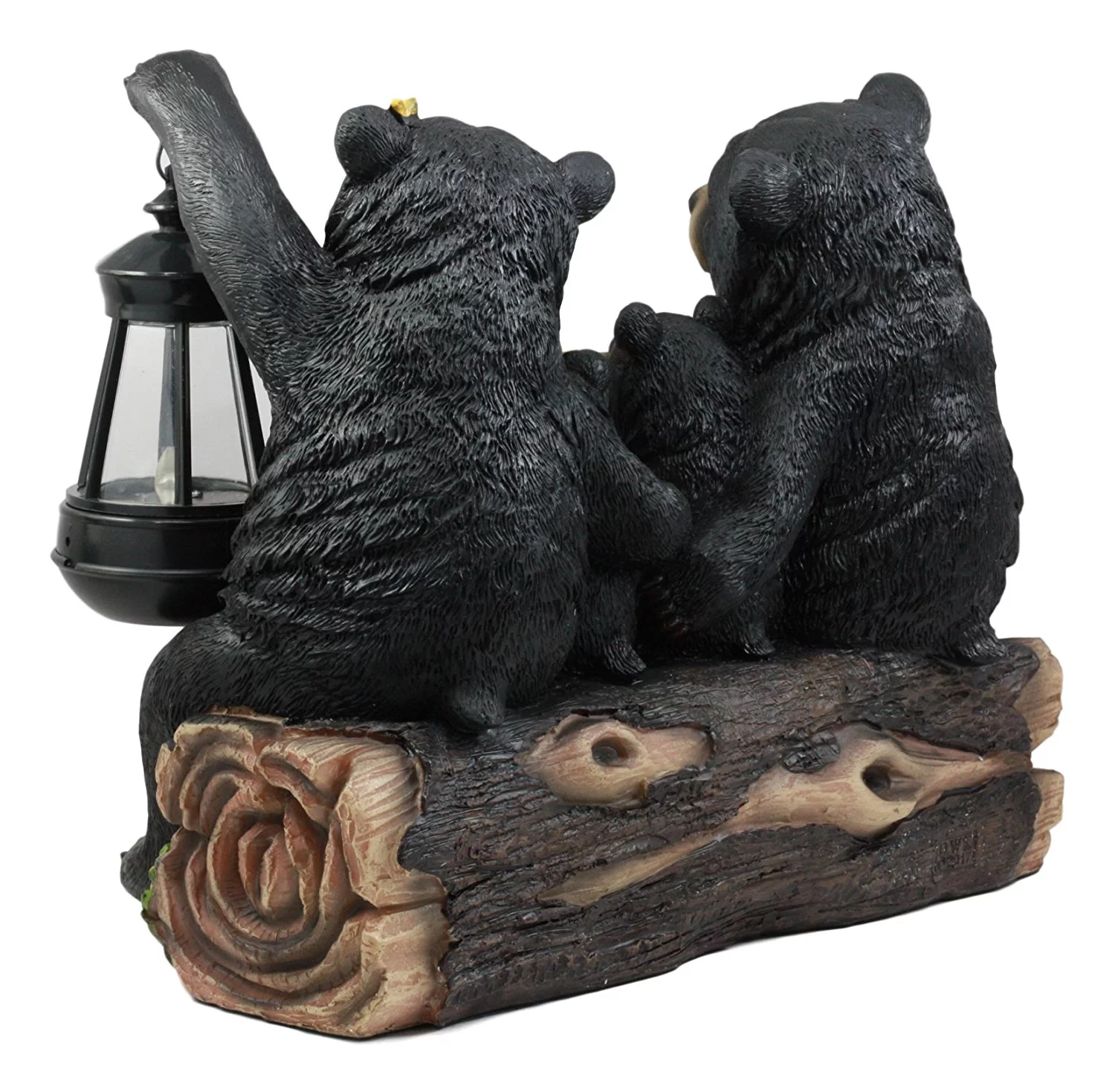 Ebros Beacon Of Happiness Rustic Black Bear Family Welcome Sign Statue With Solar LED Light Lantern