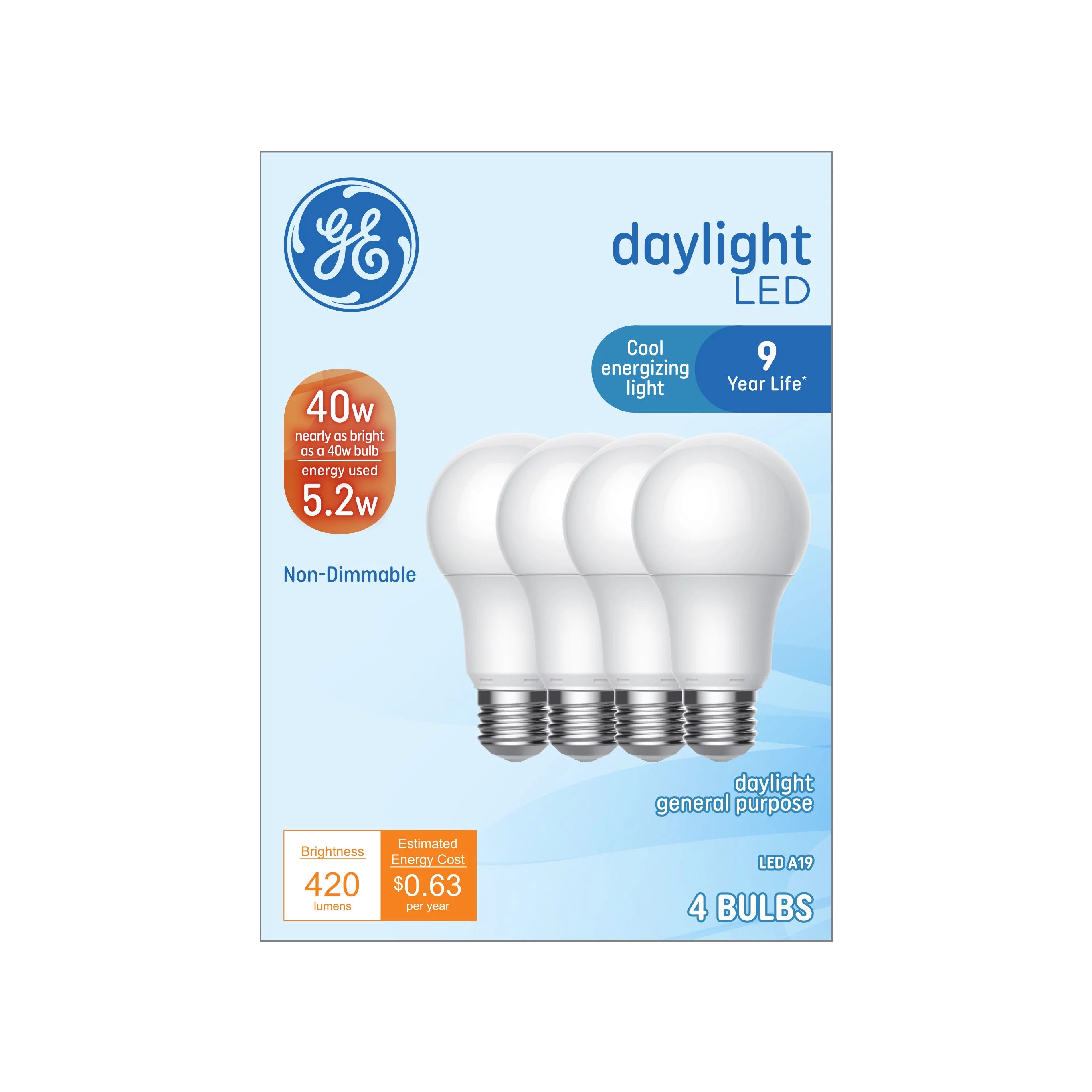 GE Basic LED Light Bulbs 5.2 Watt (40 Watt Equivalent) Daylight, A19 Bulb Shape, Medium Base (4 Pack)
