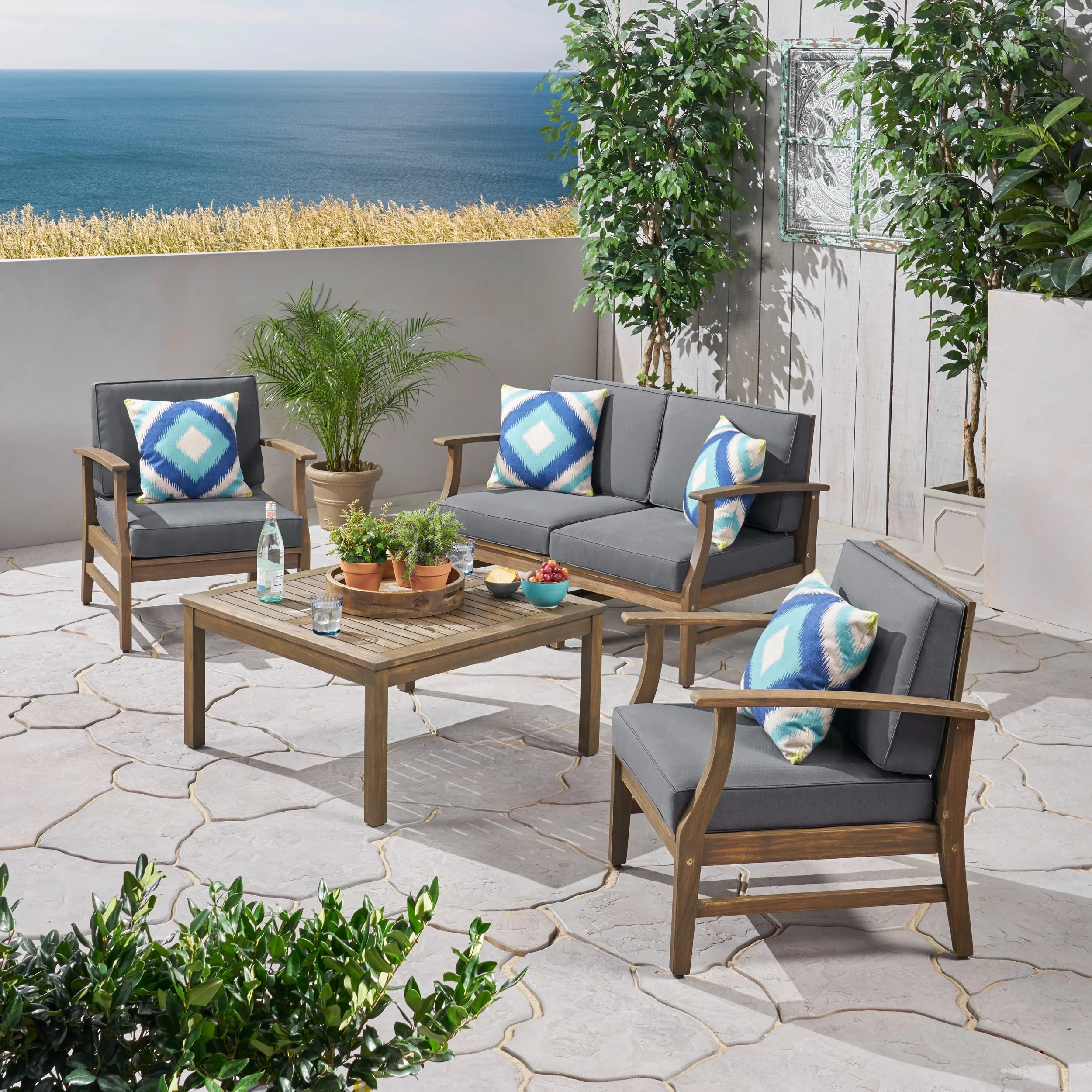 GDF Studio Lorelei Outdoor 5 Piece Acacia Wood Chat Set, Gray and Dark Gray