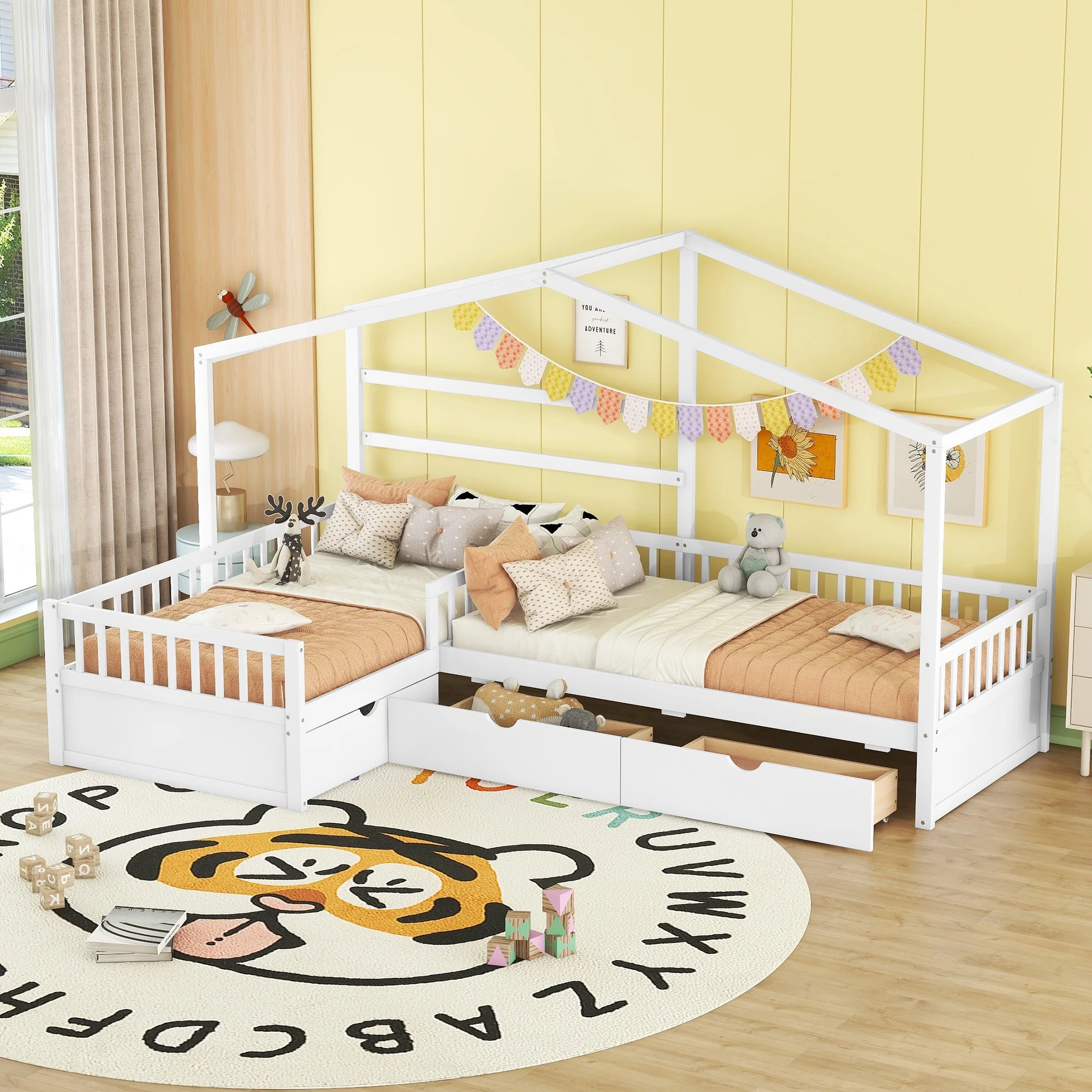 Euroco Wood Twin Size Platform Bed, 2 Beds in One House Bed with 3 Drawers, White