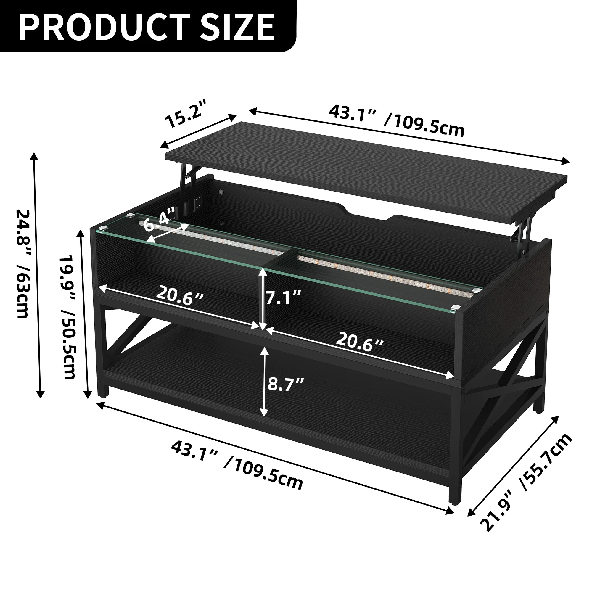 DWVO LED Lift Top Coffee Table with Storage, Farmhouse Center Table for Living Room, Black