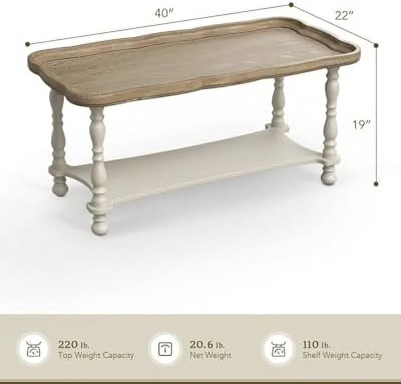 Modern Coffee Table French Country Farmhouse Coffee Table 40'' Farmhouse Rustic Unfinished Wood Tray Top Vintage Coffee Table for Living Room Dining Room Bedroom Beige