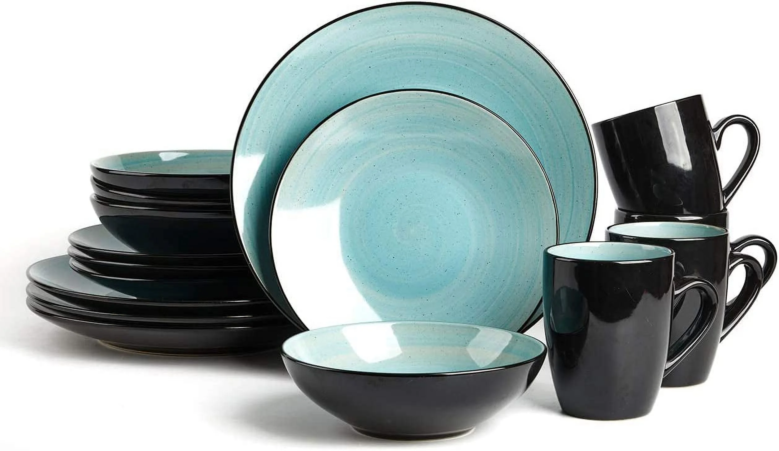 Stoneware Sonoma Dinnerware Set,Black + Speckled Spin Wash Turquoise,16Pc Set