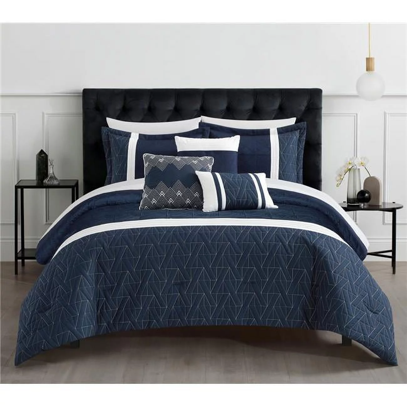 Maci Jacquard Woven Geometric Design Pleated Quilted Details Bed in A Bag Bedding Comforter Set, Navy - Queen Size - 10 Piece