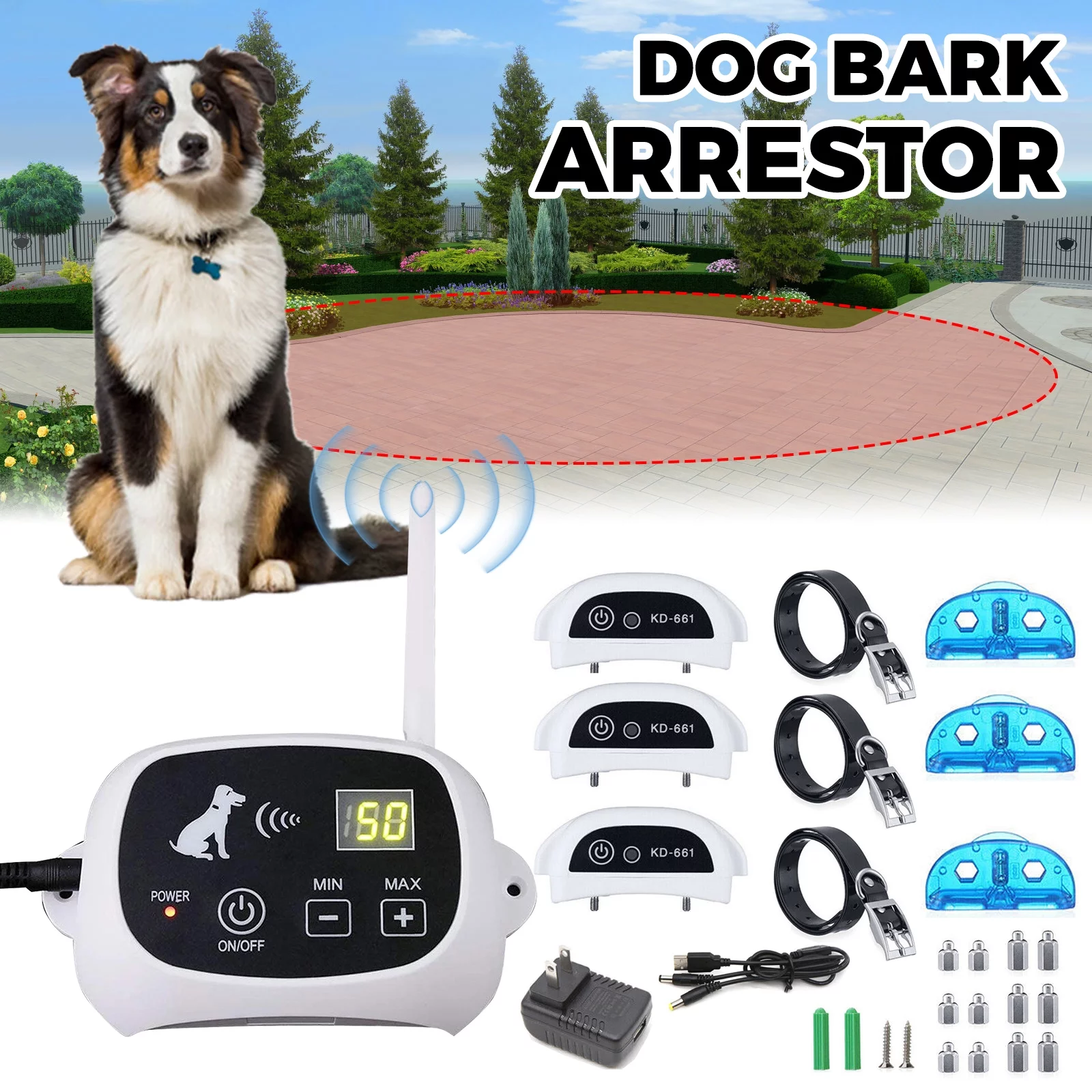 Wireless Dog Training Collar Boundary Containment System, Dog Boundary Containment System Radius Remote Control Transmitter, 3-Dog System, Wired Transmitter and Wireless receiver