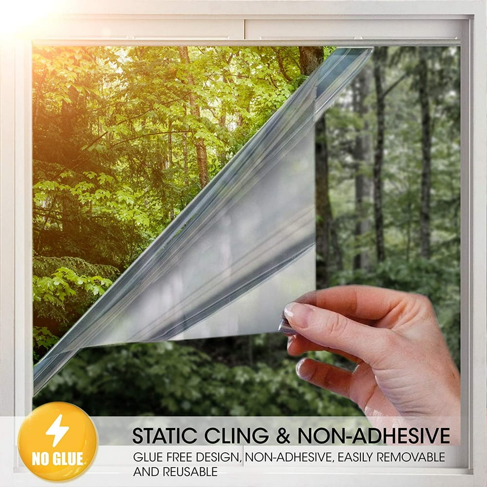 NEWCE   Window Privacy Film One Way Mirror Film Daytime Privacy Static Non-Adhesive Decorative Heat Control Anti UV Window Tint for Home and Office Black Silver 17.7‘‘x78.7‘‘