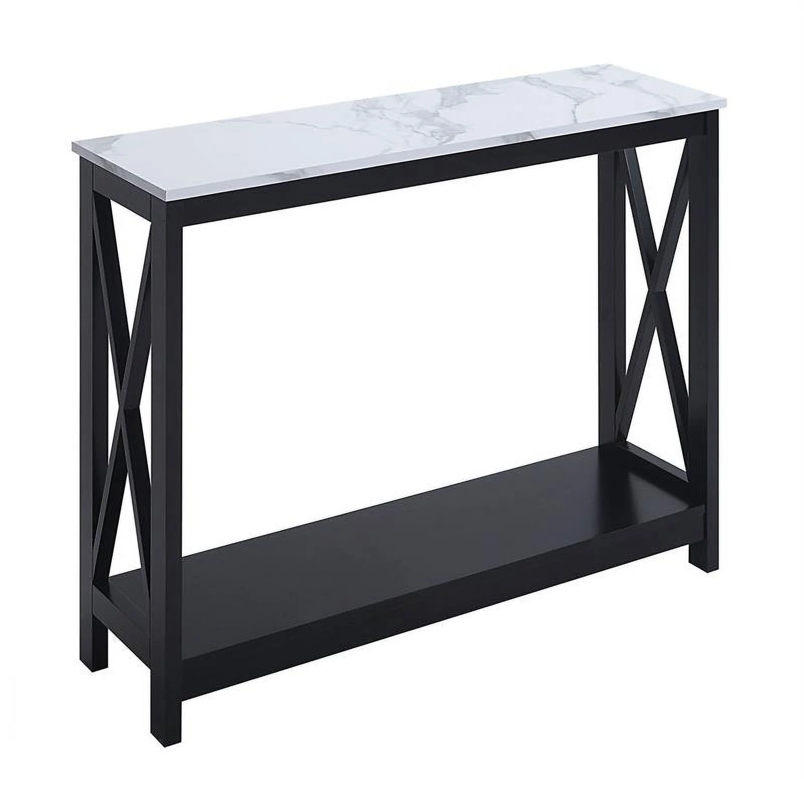 Pemberly Row Console Table with Shelf in White Faux Marble and Black Wood Top