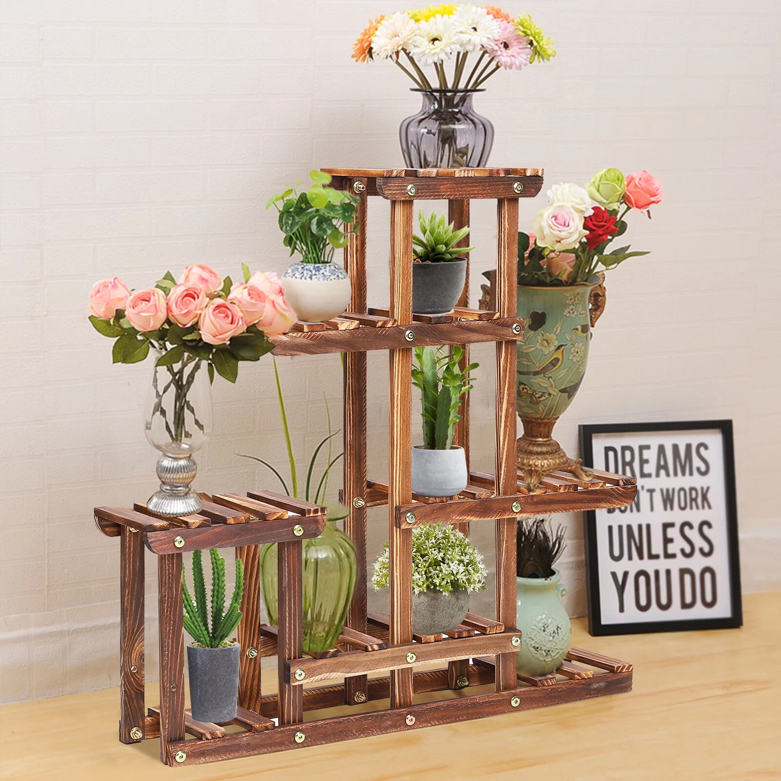 Pine Wood Plant Stand Indoor Outdoor Multiple Flower Pot Holder Shelf Desk Rack