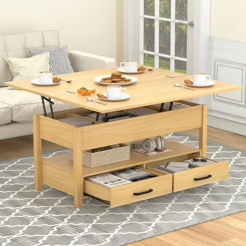 GEROBOOM Lift Top Coffee Table with LED  3-in-1 Multifunctional Coffee Table with Drawers and Hidden Compartments  Coffee Table Converts to Dining Table  for Living Room  Reception Room