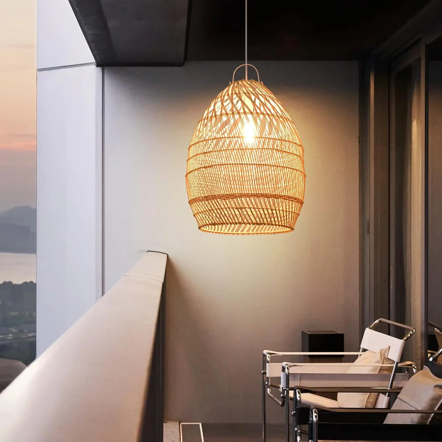 RUO Boho Wicker Chandelier Lamp, Rustic Rattan Basket Pendant Light Fixture Coastal Crafts Lampshade, Farmhouse Hanging Ceiling Lighting for Kitchen Island Dining Room