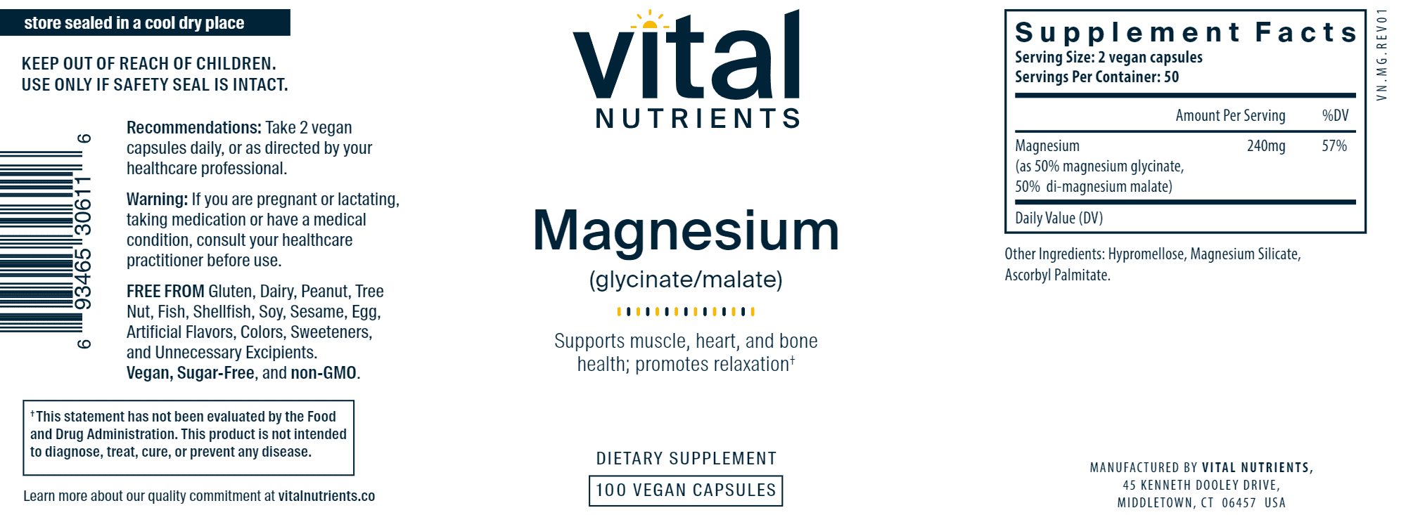 Vital Nutrients Magnesium Glycinate/Malate promote calcium 100 vcaps