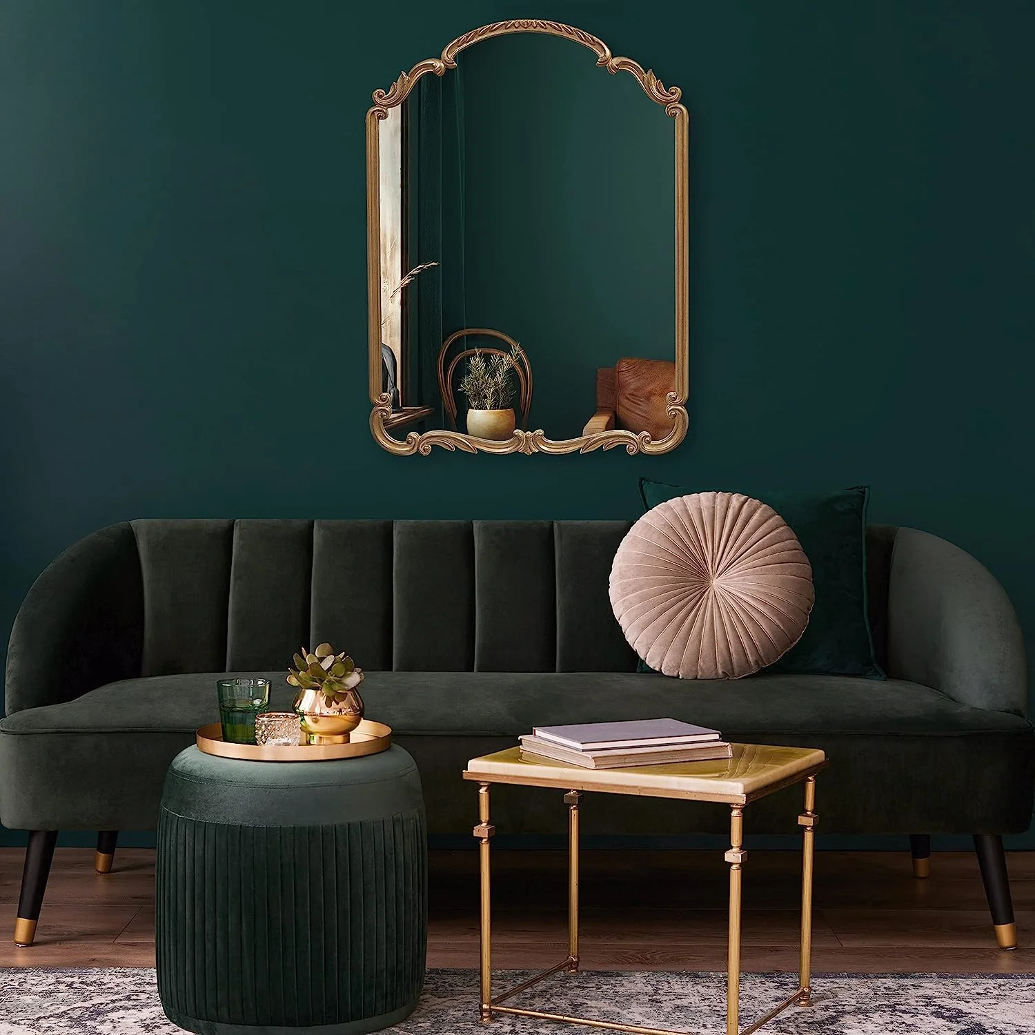 HYUN 22x30 Inch Antique Scroll Carved Arch Wood Wall Mirror, Antique Gold, Mirror for Entryway, Living Room, Bathroom