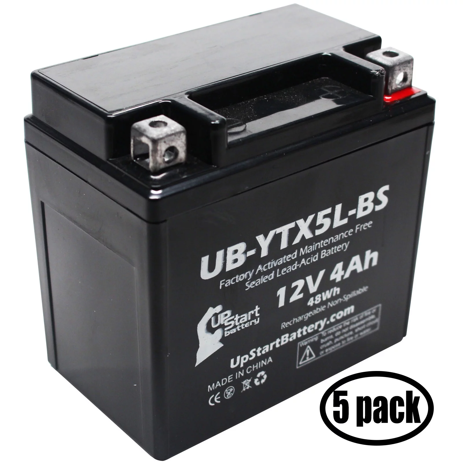 5-Pack UpStart Battery Replacement for 2012 Yamaha YFM90R Raptor 90CC Factory Activated, Maintenance Free, ATV Battery - 12V, 4Ah, UB-YTX5L-BS