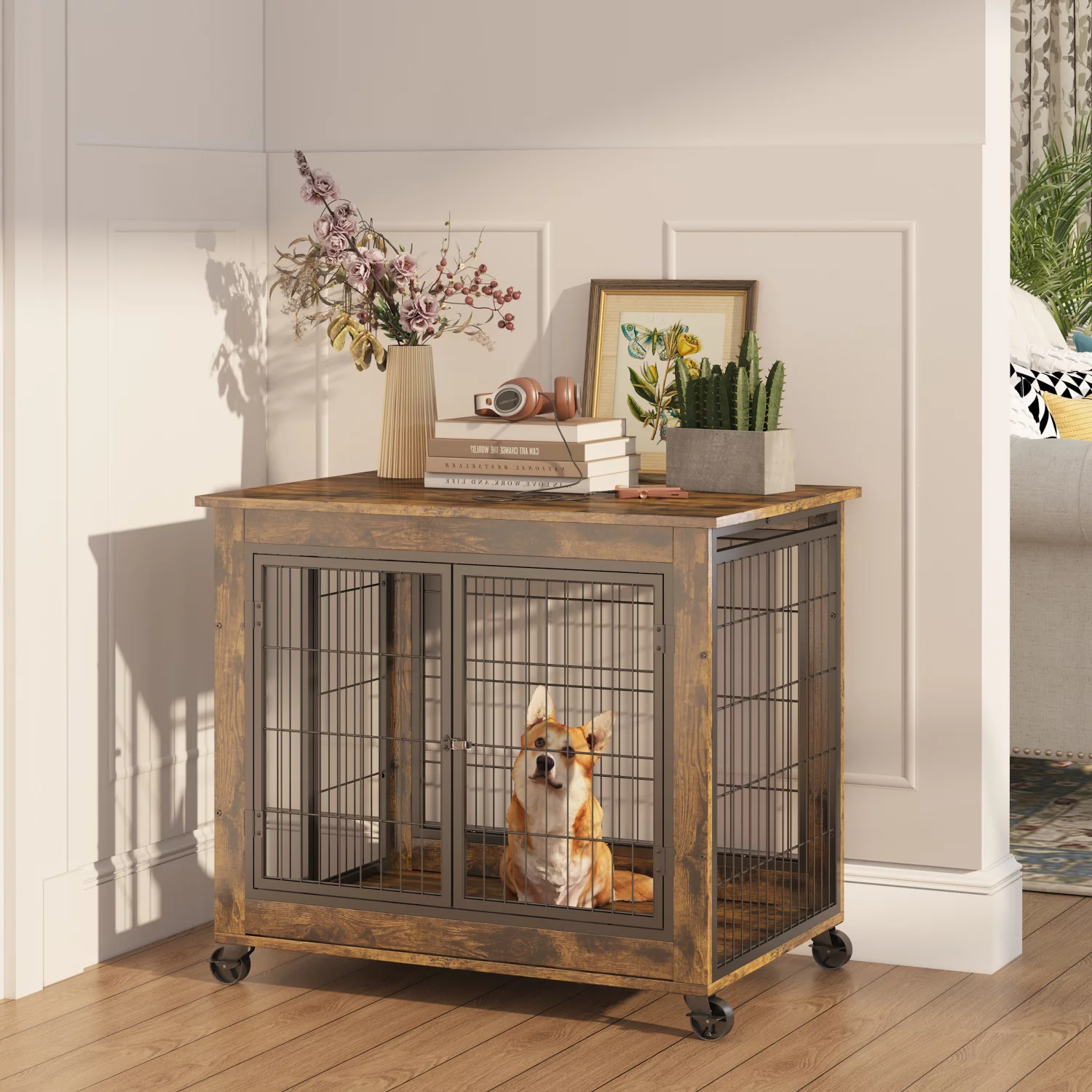 Furniture Style Dog Crate Side Table on Wheels with Double Doors and Lift Top. Rustic Brown  31.50‘‘ W x 22.05‘‘ D x 25‘‘ H.