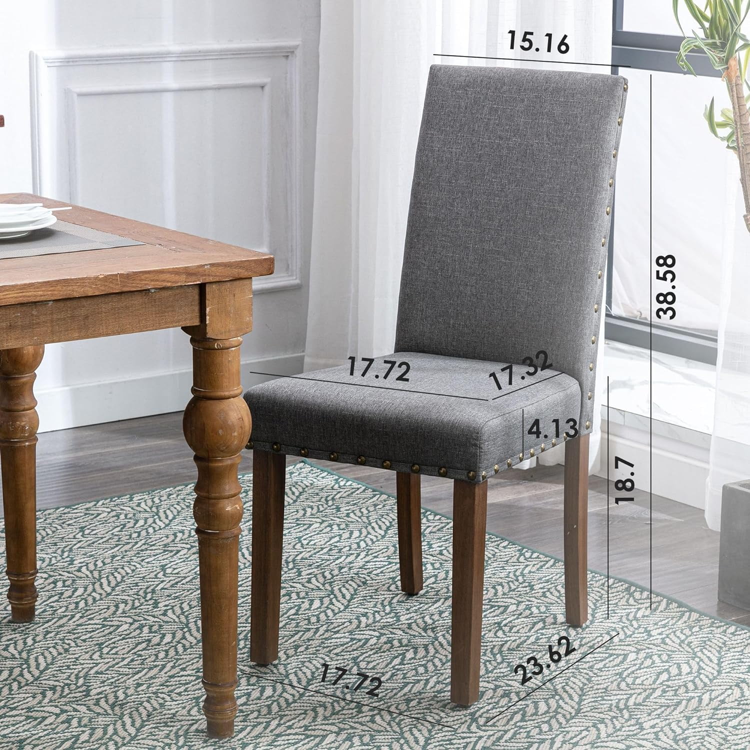 Upholstered Padded Dining Room Nailhead Trim and Solid Wood Legs Parsons Chair, Set of 2, Grey