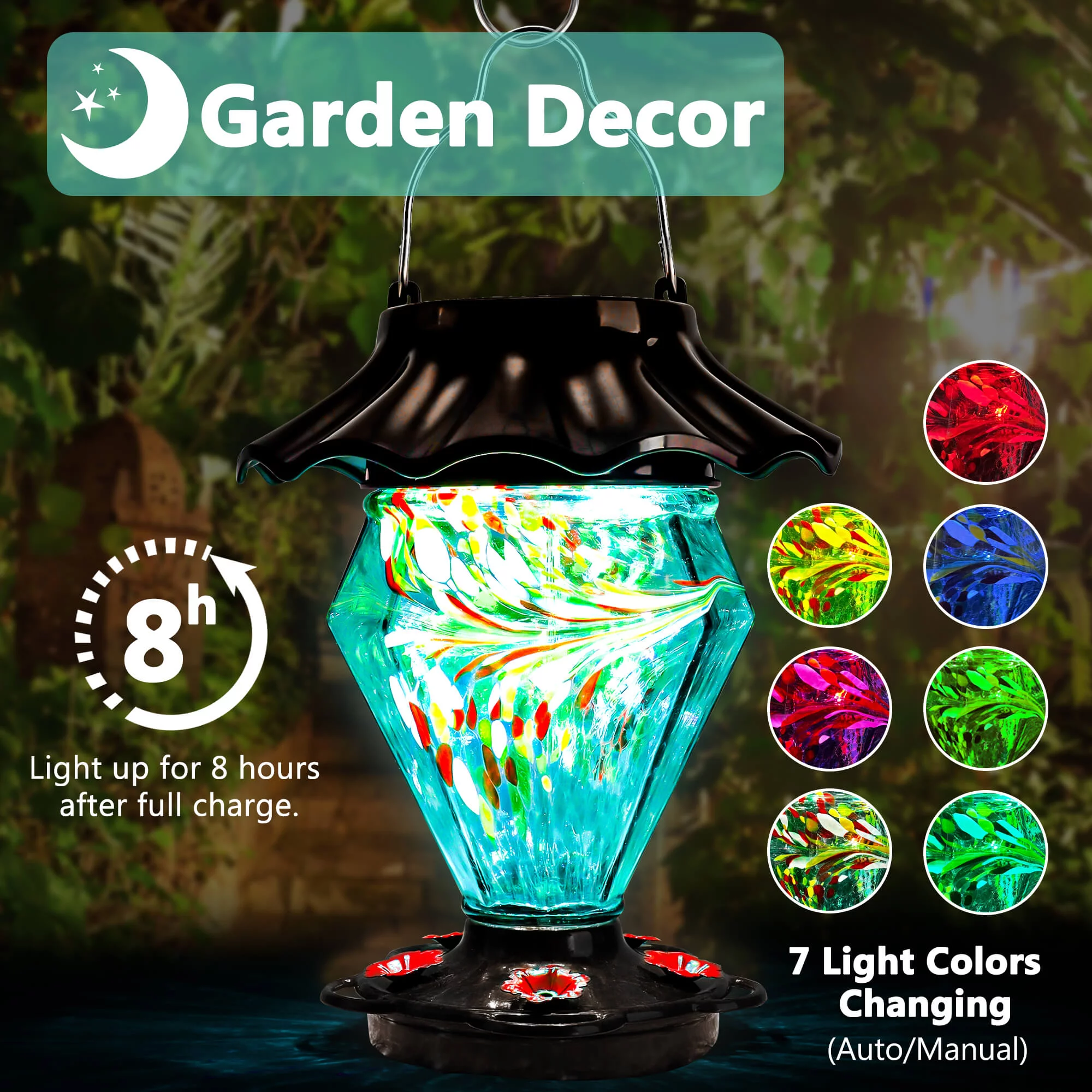 LUJII Solar Powered Color Changing Hummingbird Feeder for Outdoors Hanging, Gem Diamond Shaped Hand Blown Glass, 35 fl.oz, Never Leak, Illuminated Lantern for Garden Decor, Gift for Friends, Teal