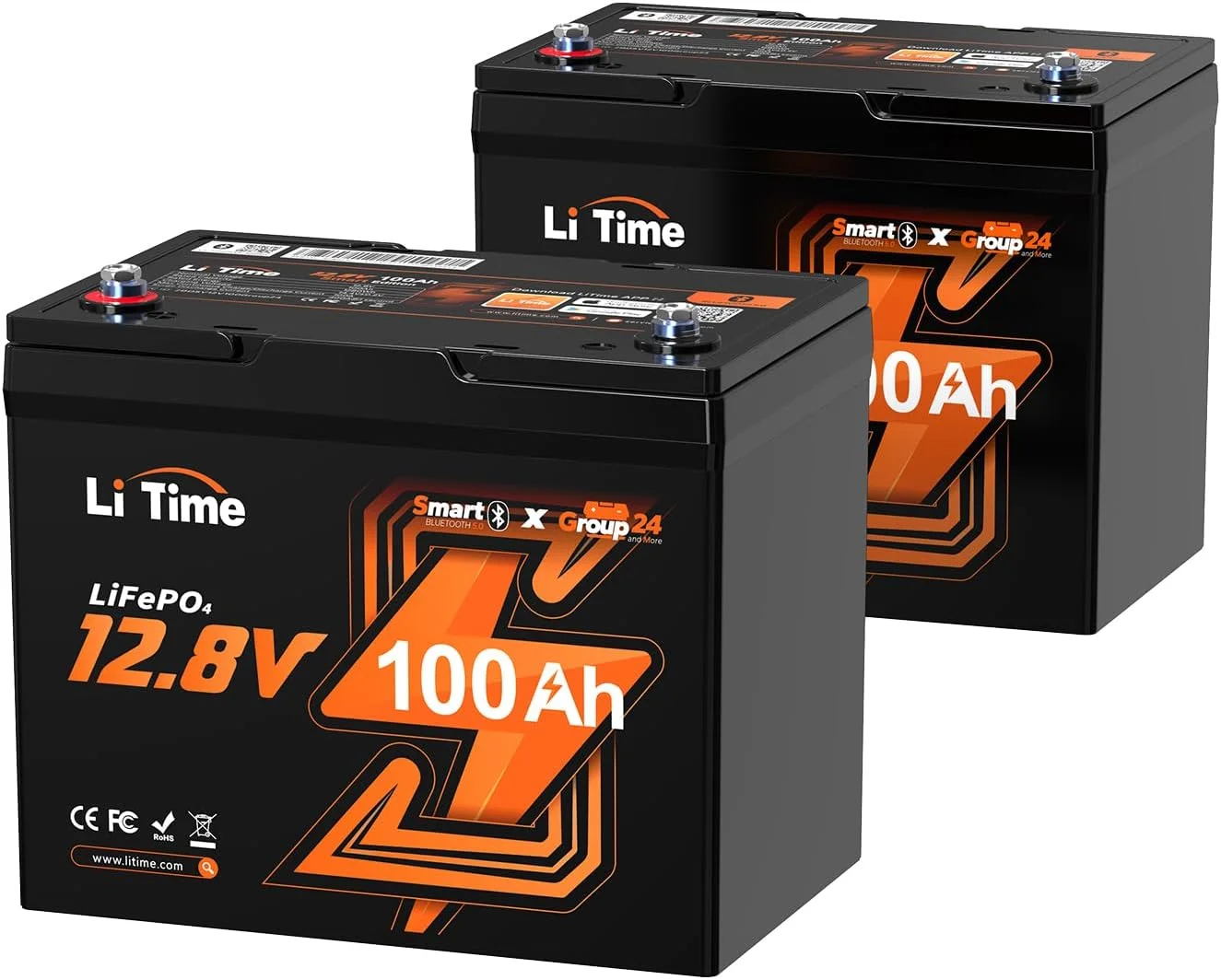 LiTime 2 Pack 12V 100Ah RV Lithium Battery, Group 24 Bluetooth LiFePO4 Battery Low-Temp Protection Mini Size Bluetooth 5.0 Perfect for RV, Solar System, Trolling Motors