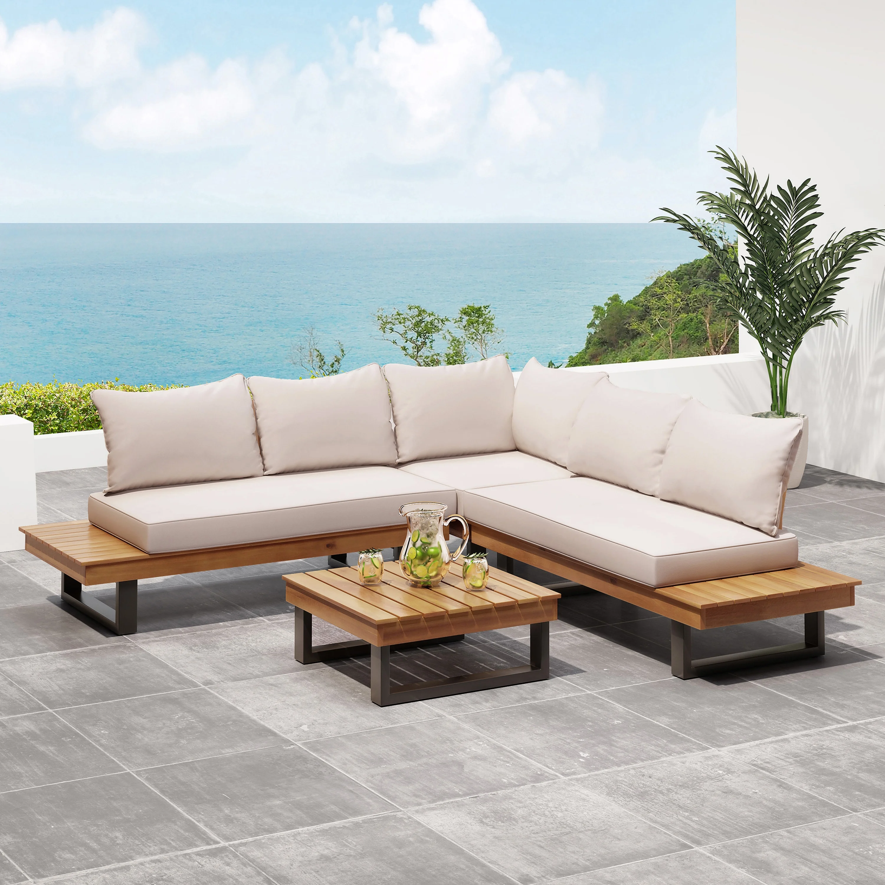 GDF Studio Raleigh Outdoor Acacia Wood 5 Seater Sectional Sofa Set with Cushions, Teak and Beige