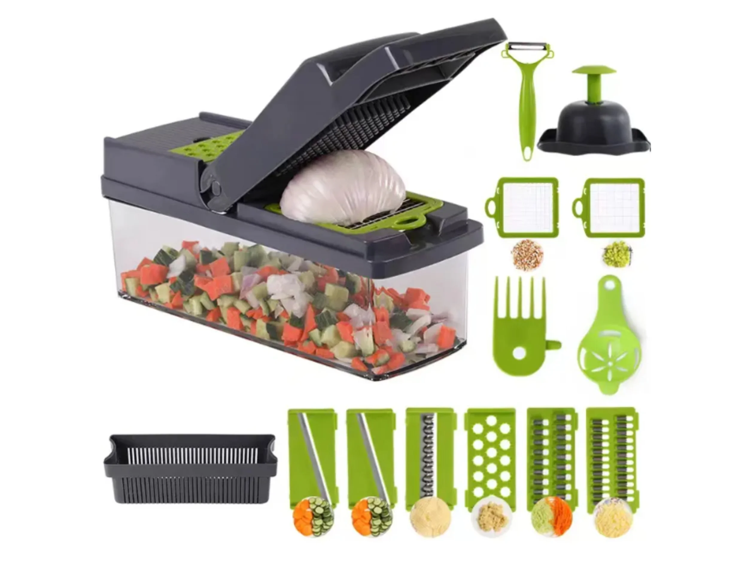 Vegetable Chopper, Kitchen Vegetable Slicer Dicer Cutter, Multifunctional 14 in 1 Vegetable Chopper, Pro Onion Chopper, Gray, Carrot and Garlic Chopper With Container, Efficient and Durable Design