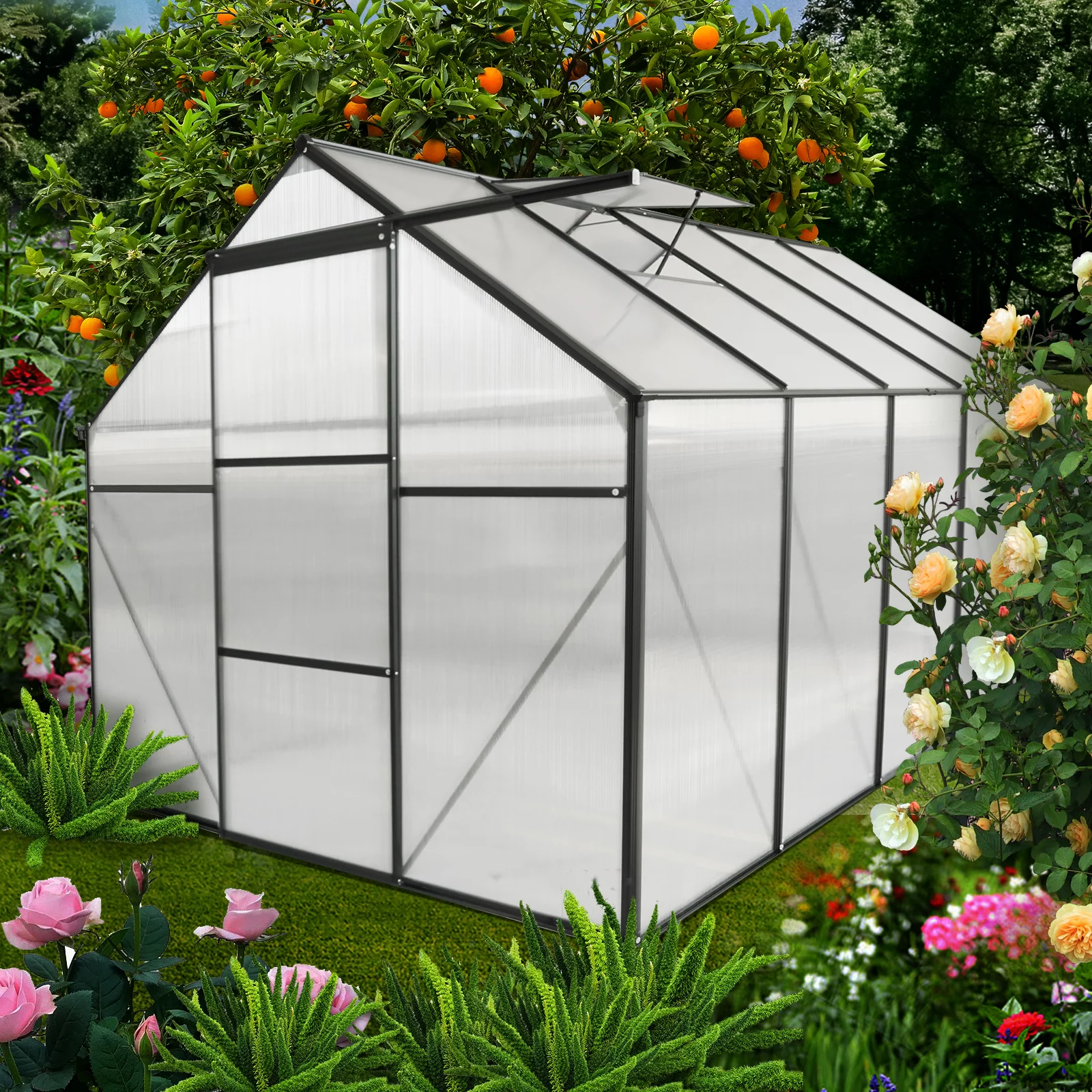 Homiyad 6X10 FT Polycarbonate Greenhouse Raised Base and Anchor Aluminum Heavy Duty Walk-In Greenhouses for Outdoor Backyard in All Season