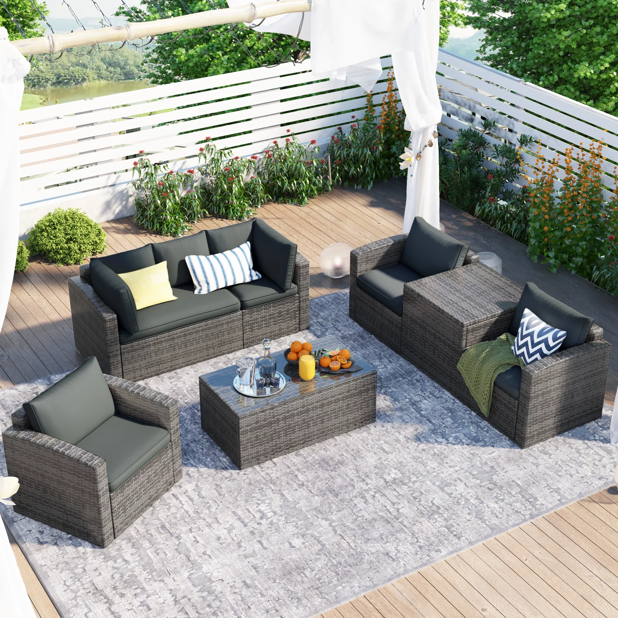 7 Pieces PE Rattan Wicker Sofa Sectional Furniture Set with Tea Table Outdoor Patio Furniture Sets with Sofa, Cushions, Chairs, a Loveseat, a Table and a Storage Box